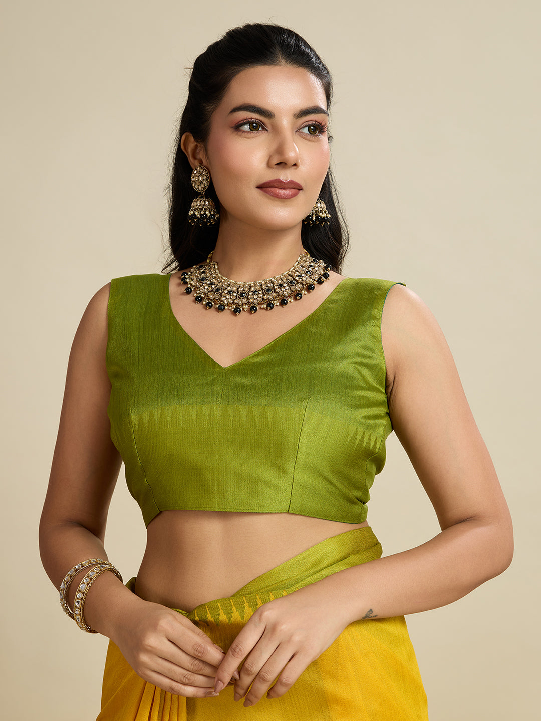Yellow Color Raw Silk Temple Border Traditional Silk Saree