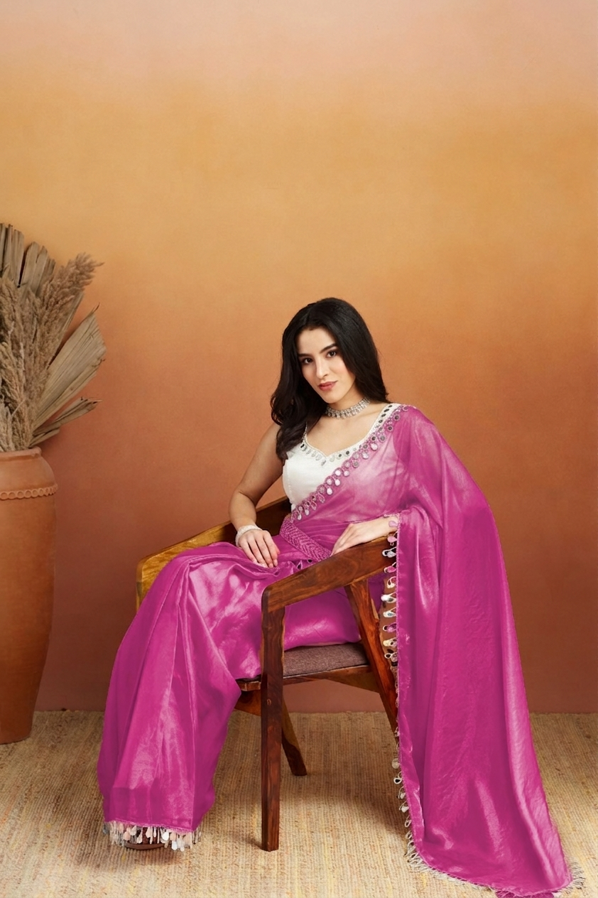 Pink Designer Tissue Ready To Wear Saree with Mirror Work