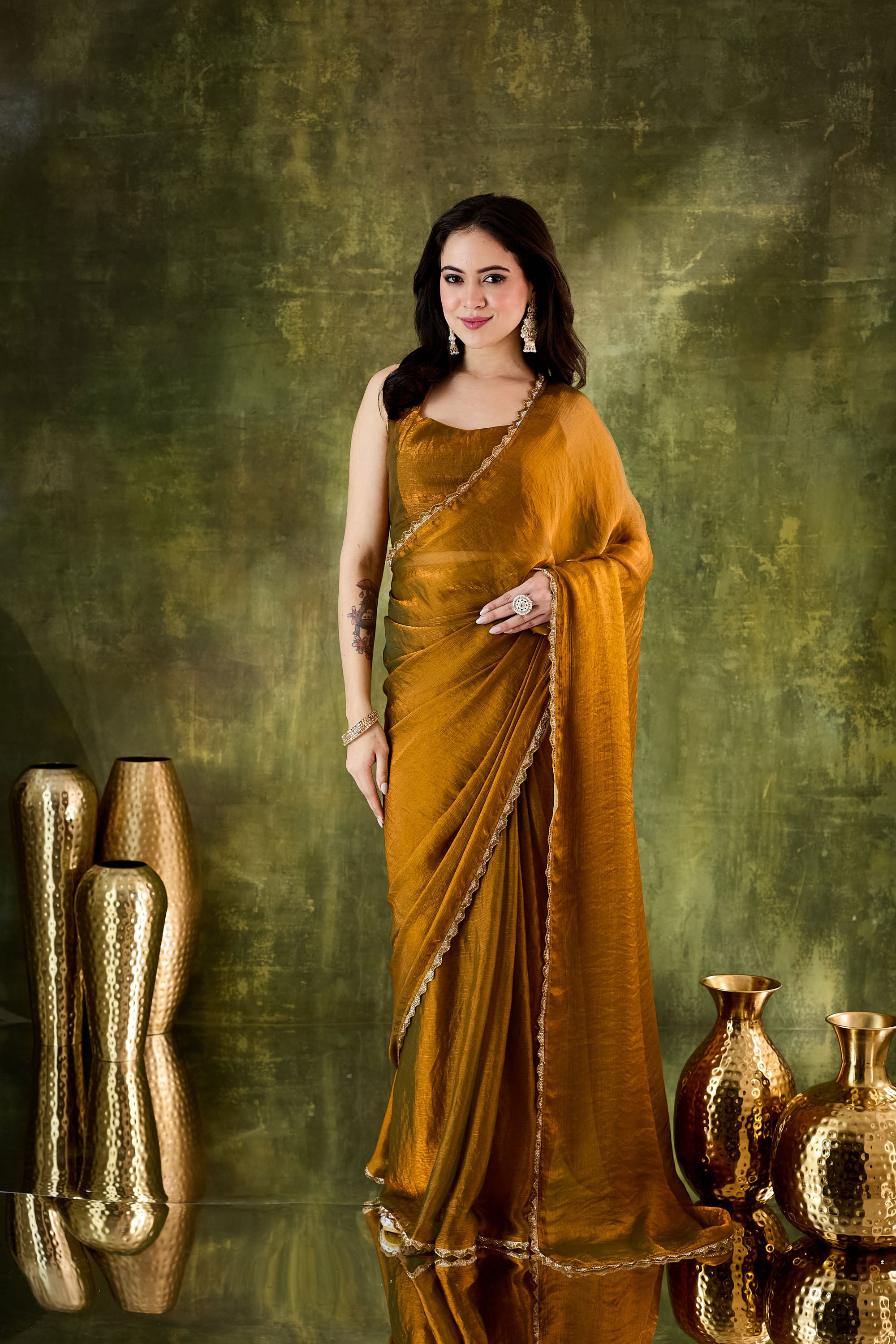 Gold Designer Silk Blend Ready To Wear Saree