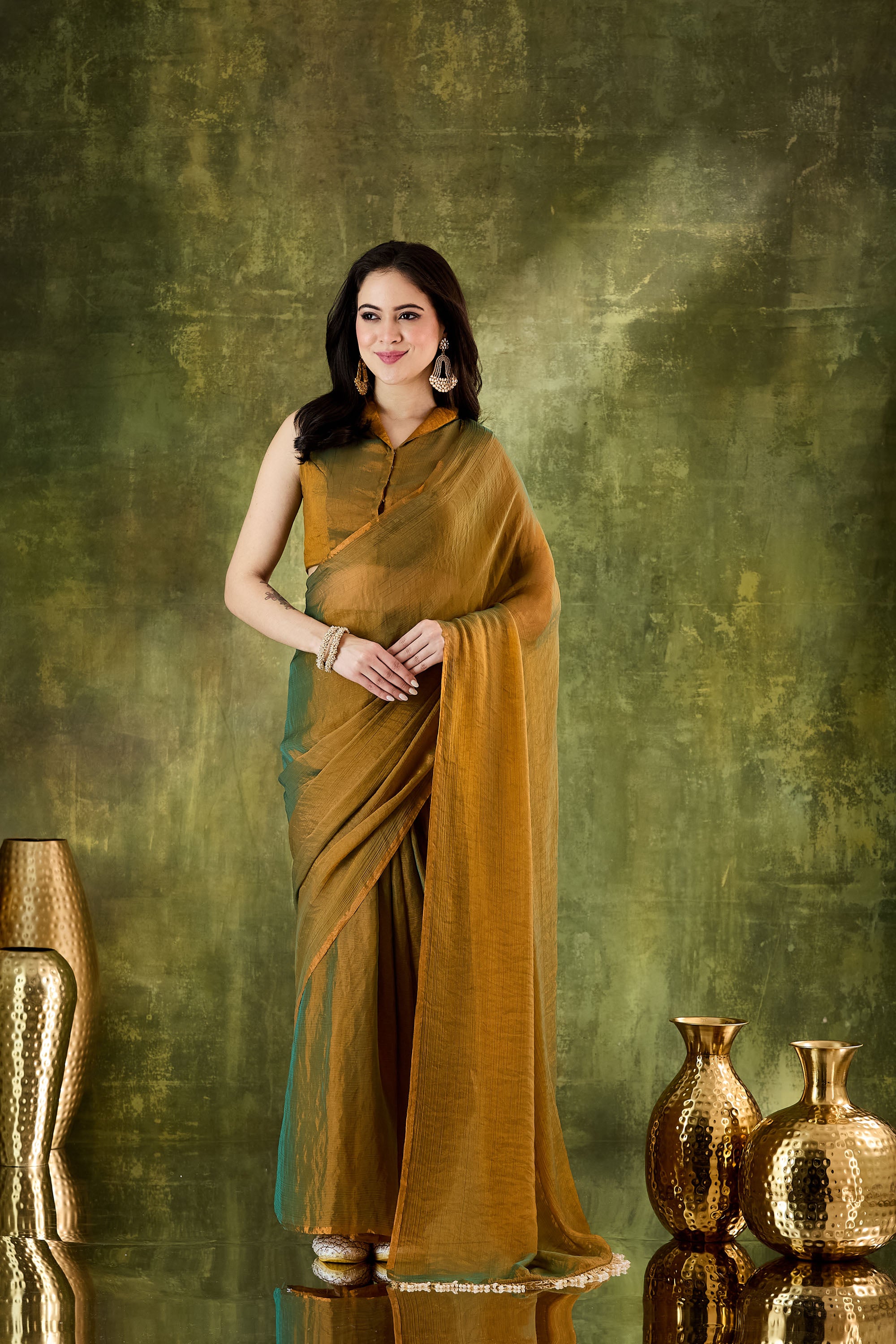 Gold Silk Blend Ready To Wear Saree