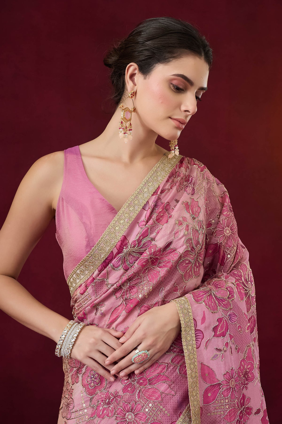 Pink Floral Embroidered Pure Georgette Ready to Wear Saree