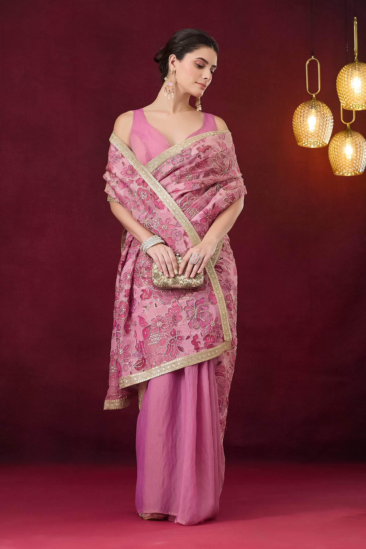 Pink Floral Embroidered Pure Georgette Ready to Wear Saree