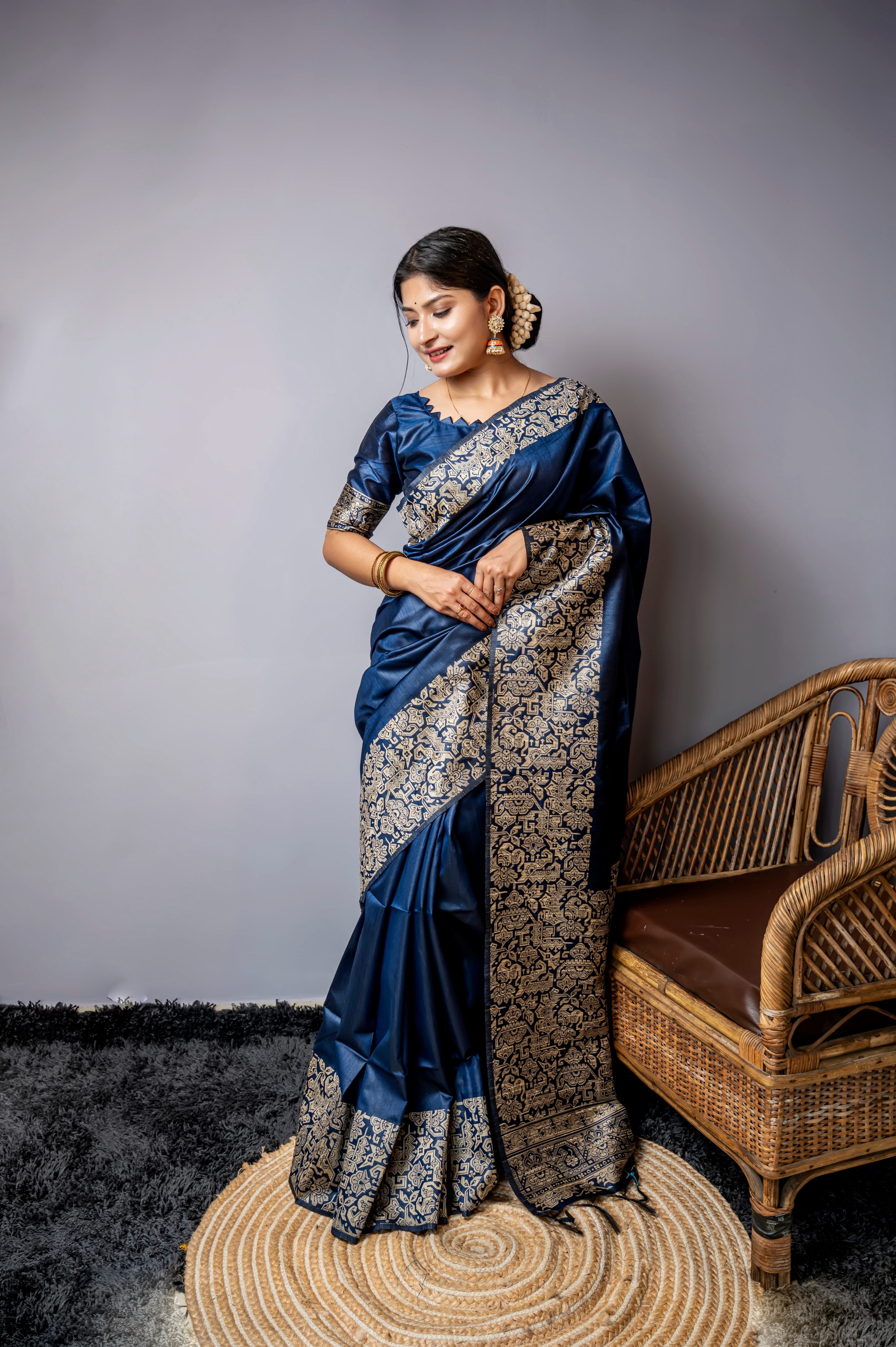 Blue Color Handloom Raw Silk Traditional Saree