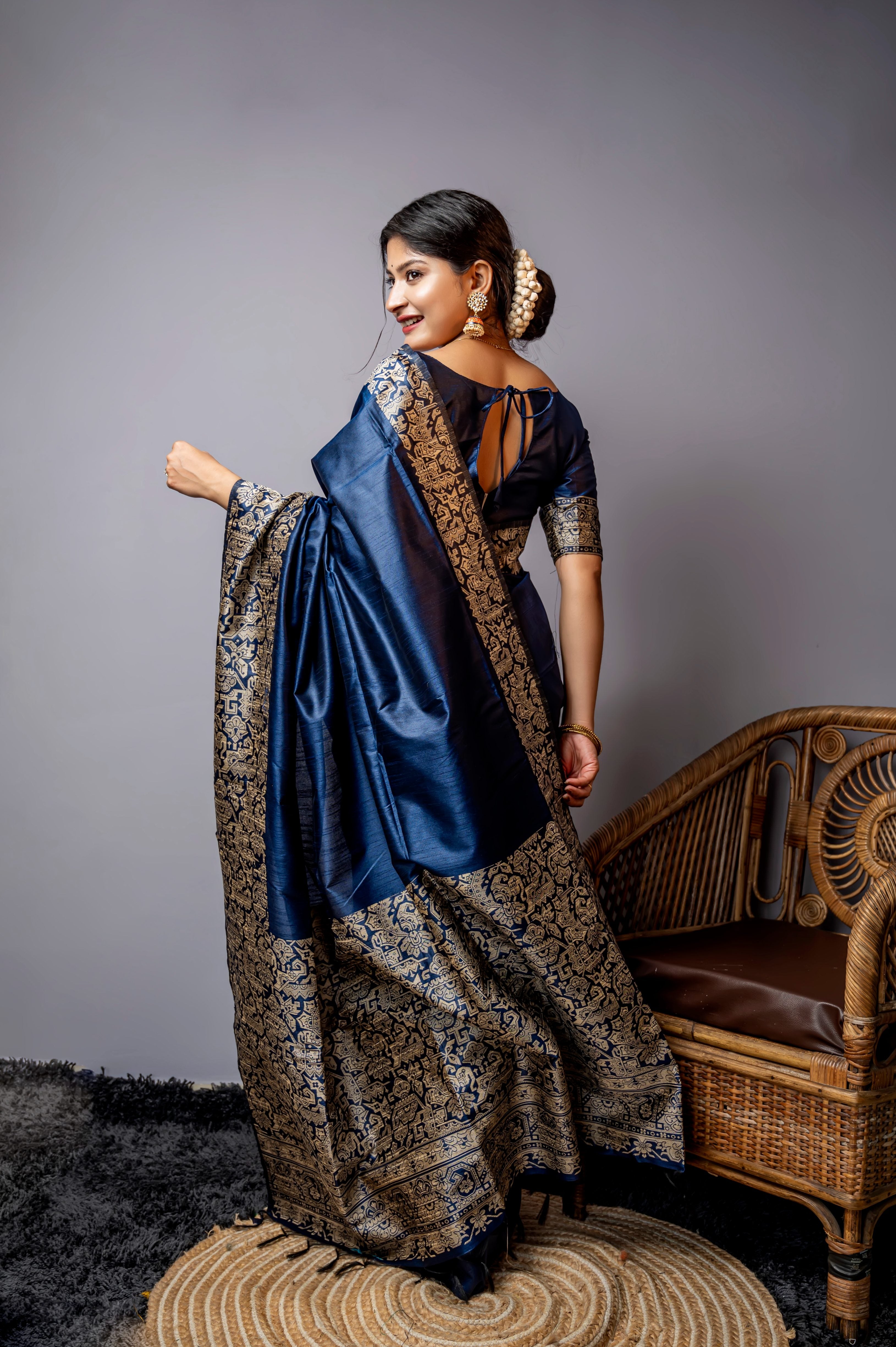Blue Color Handloom Raw Silk Traditional Saree