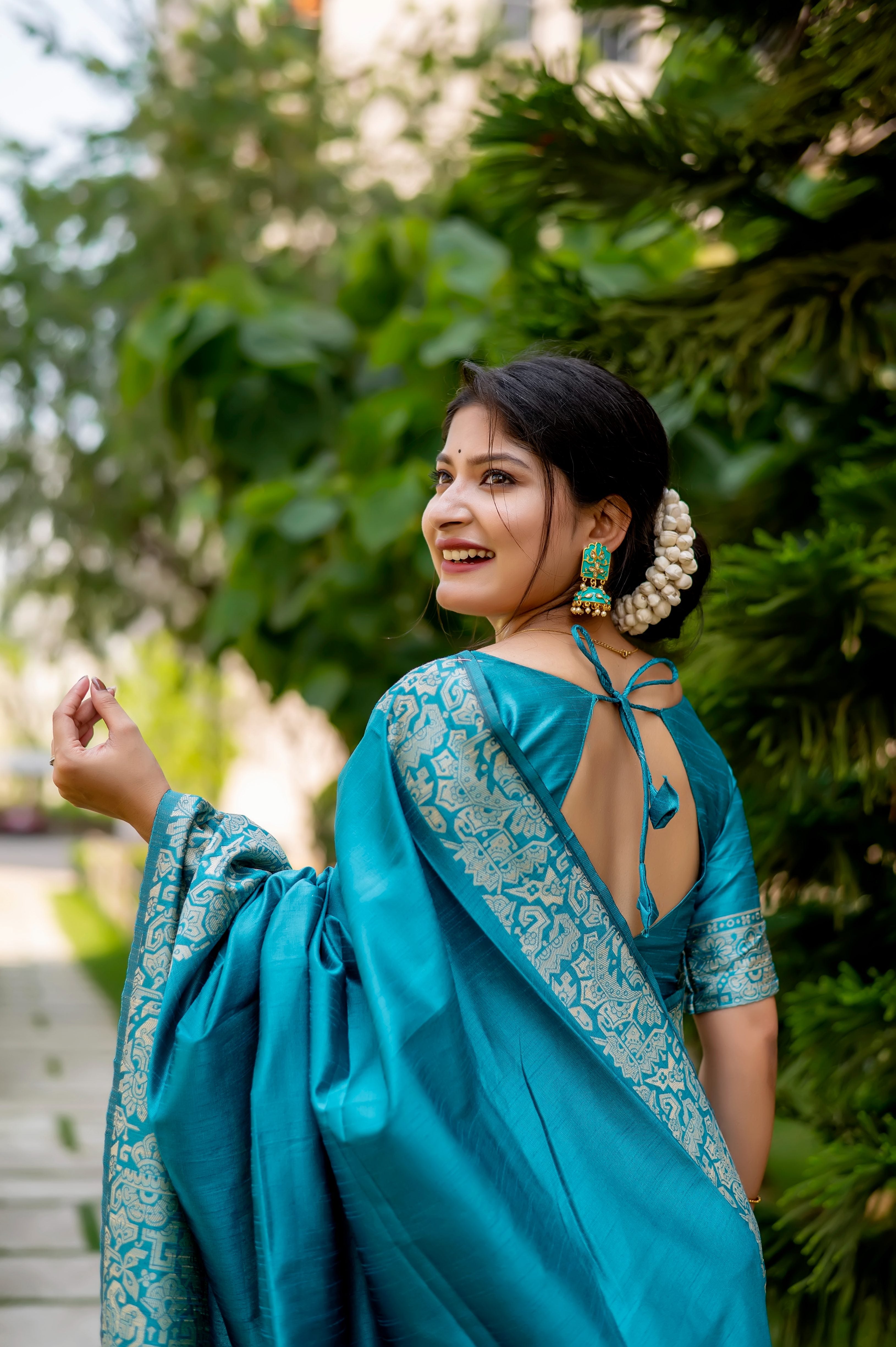 Firozi Color Handloom Raw Silk Traditional Saree