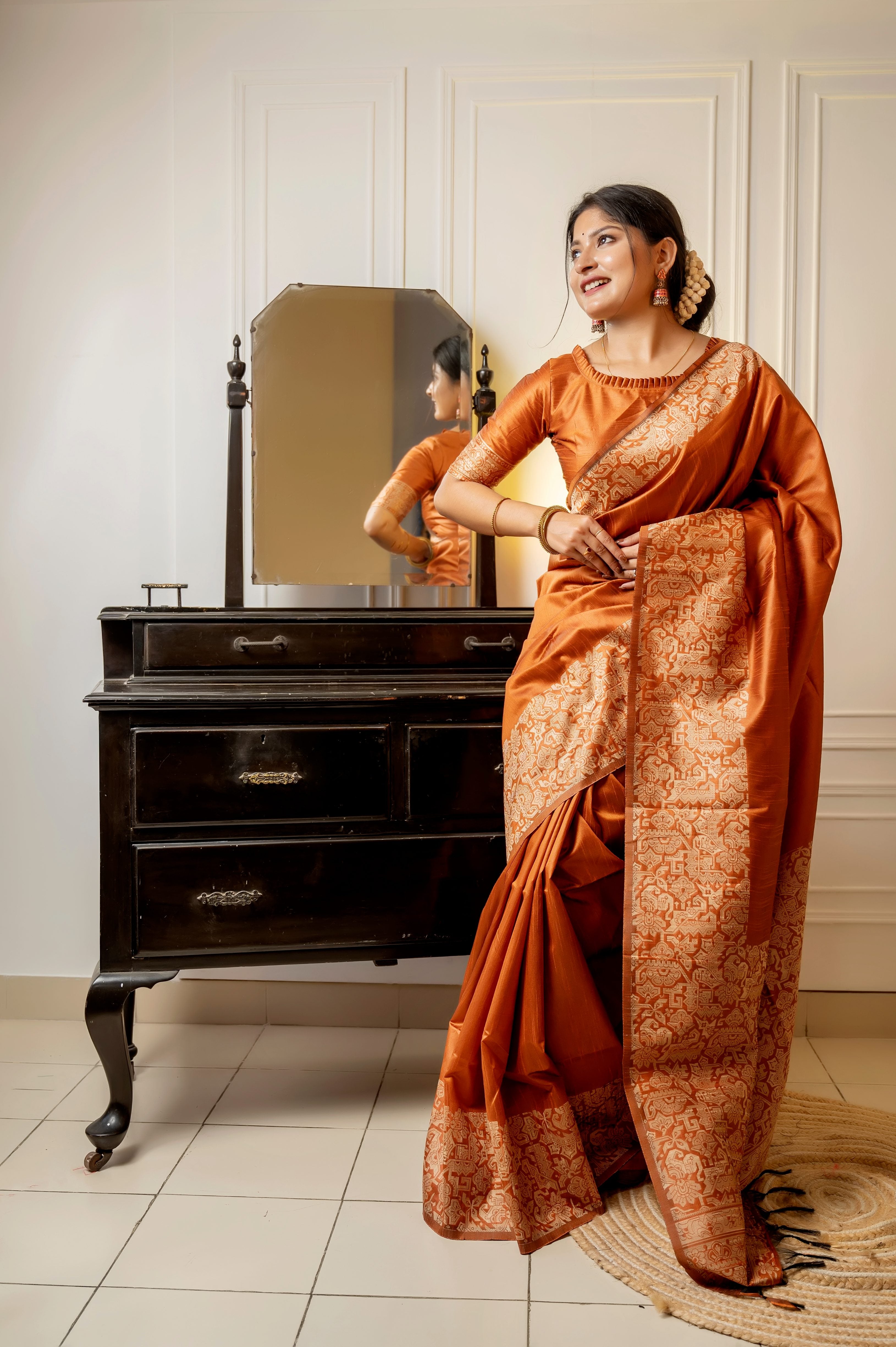 Orange Color Handloom Raw Silk Traditional Saree