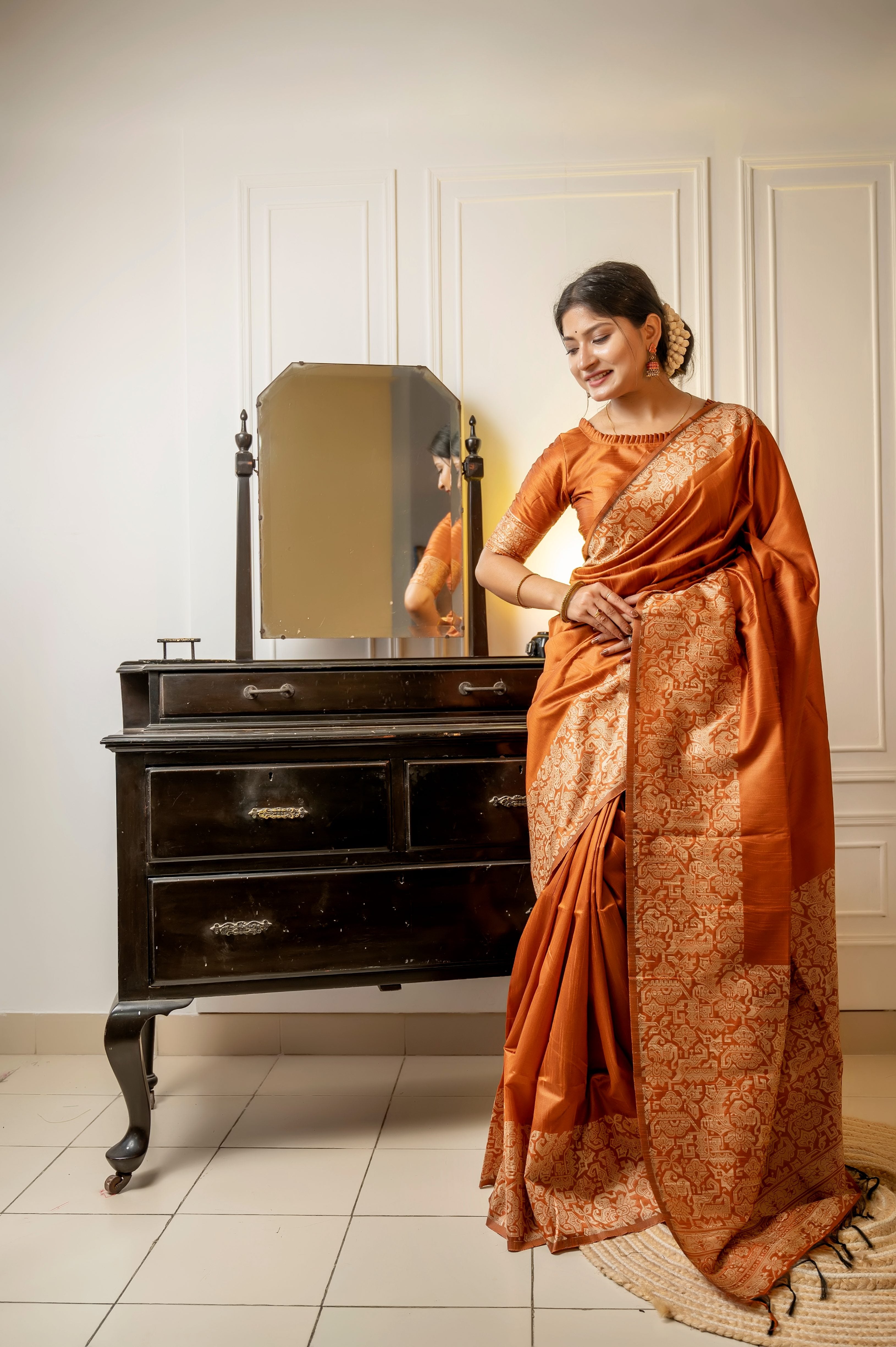 Orange Color Handloom Raw Silk Traditional Saree