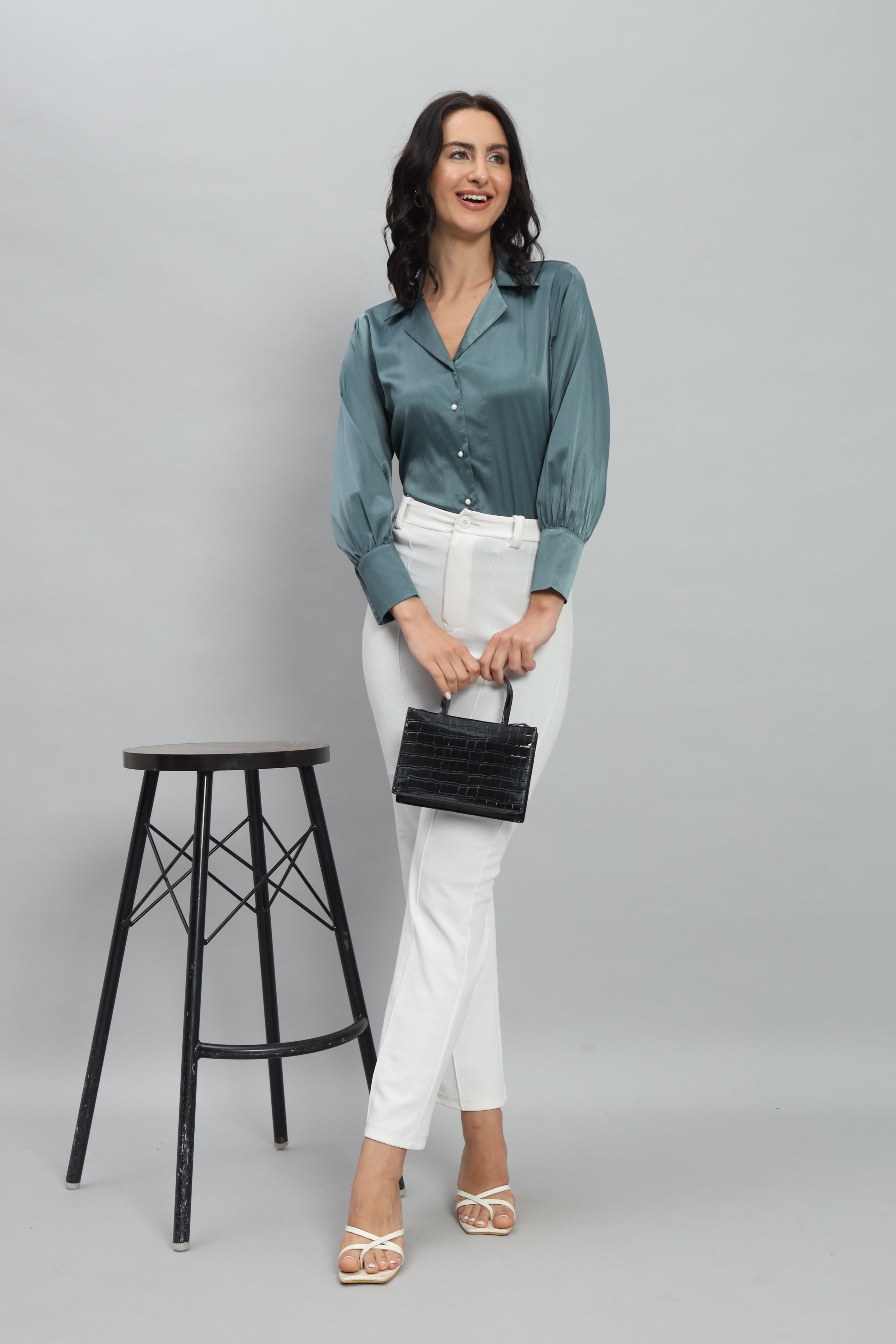 Womens Notched Designer Solid Satin Blue Shirt