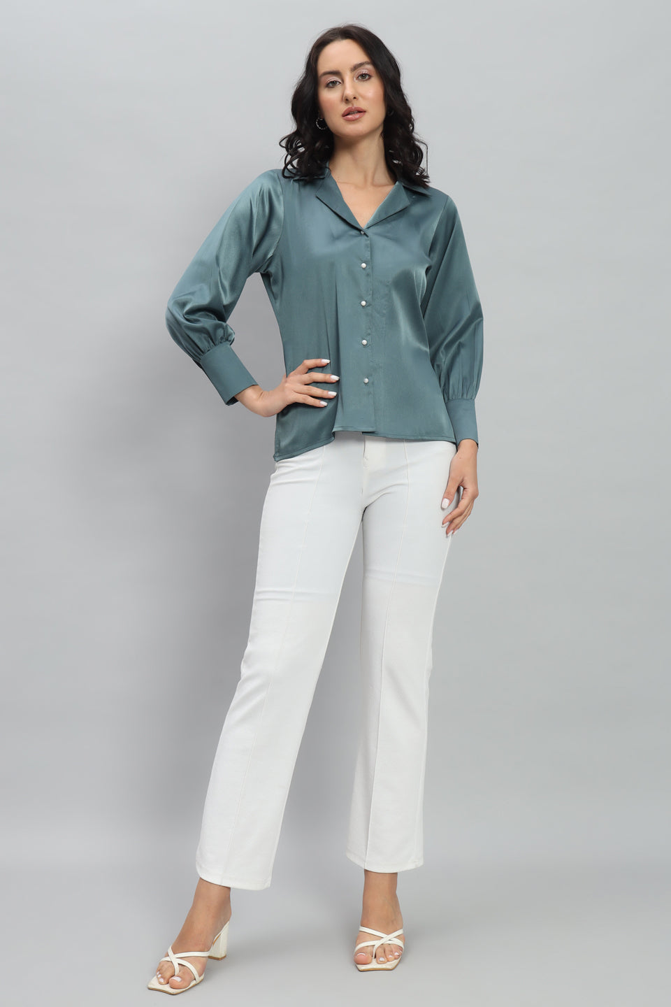 Womens Notched Designer Solid Satin Blue Shirt