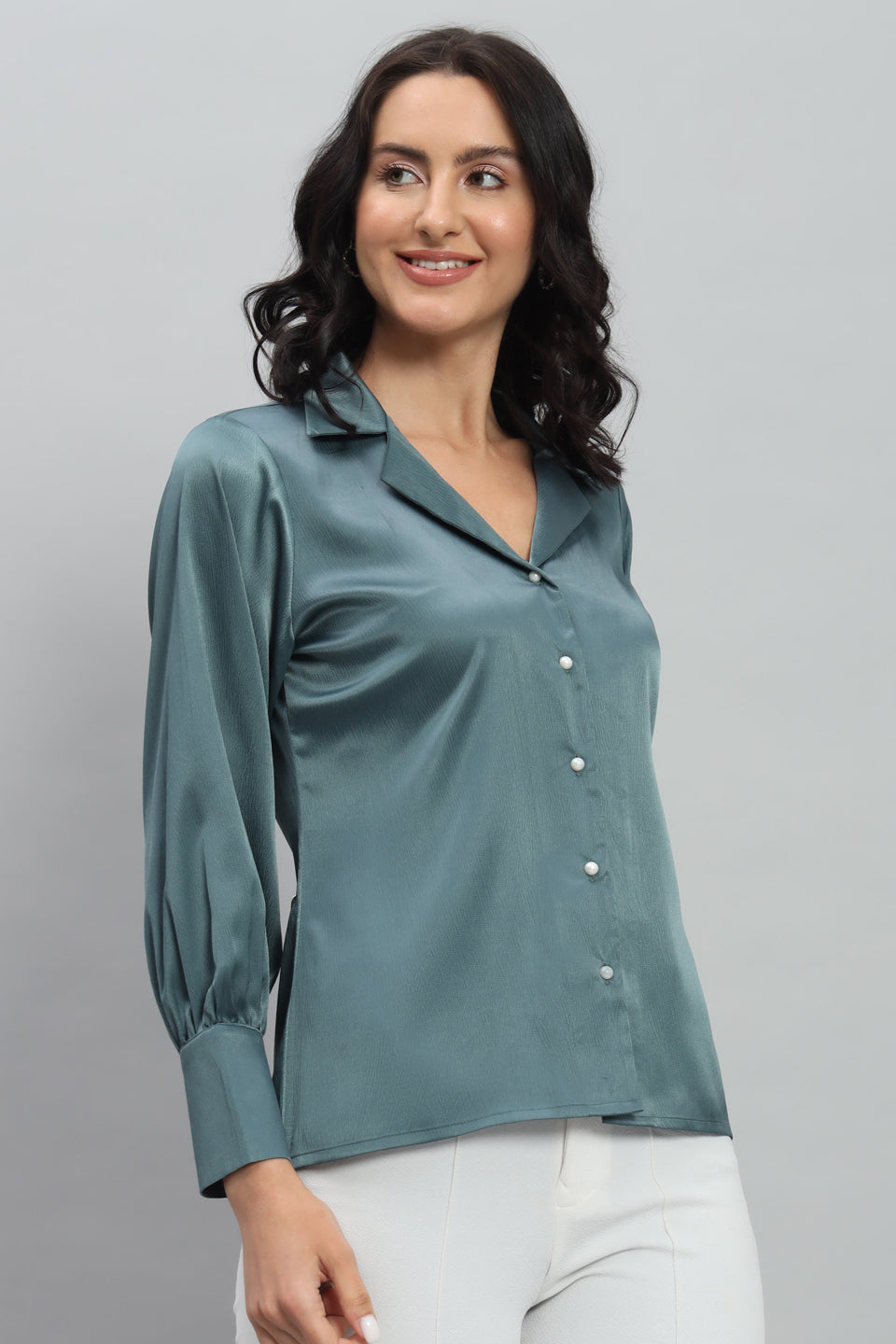Womens Notched Designer Solid Satin Blue Shirt