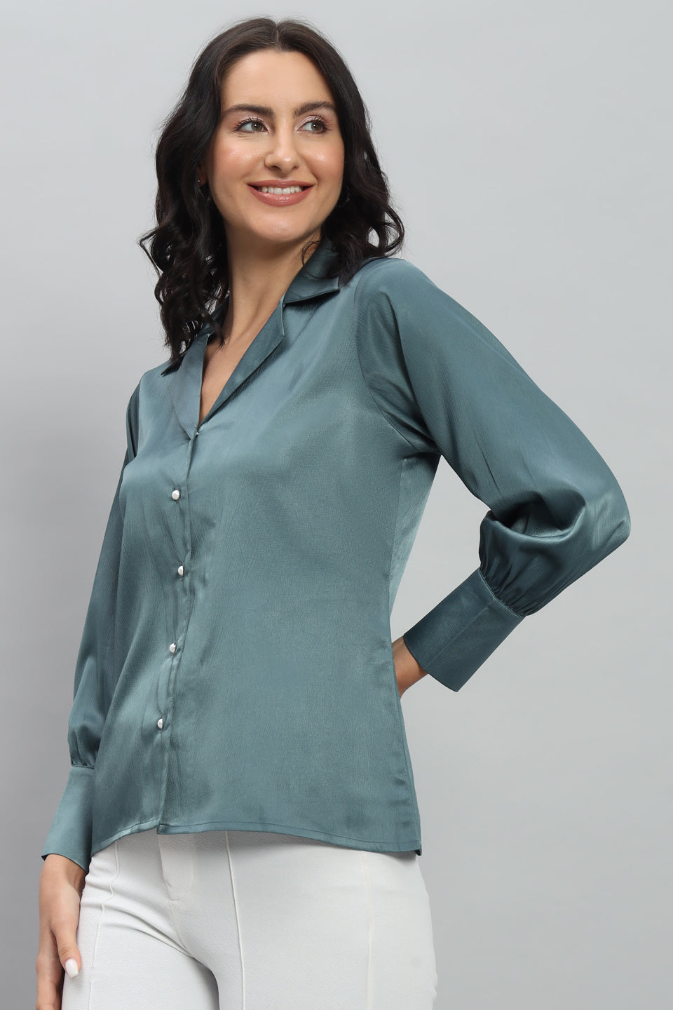 Womens Notched Designer Solid Satin Blue Shirt