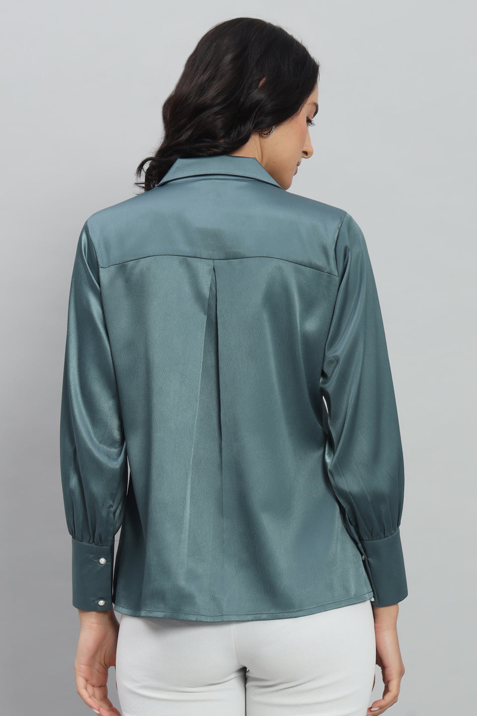 Womens Notched Designer Solid Satin Blue Shirt