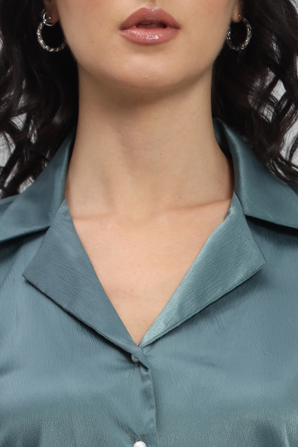 Womens Notched Designer Solid Satin Blue Shirt