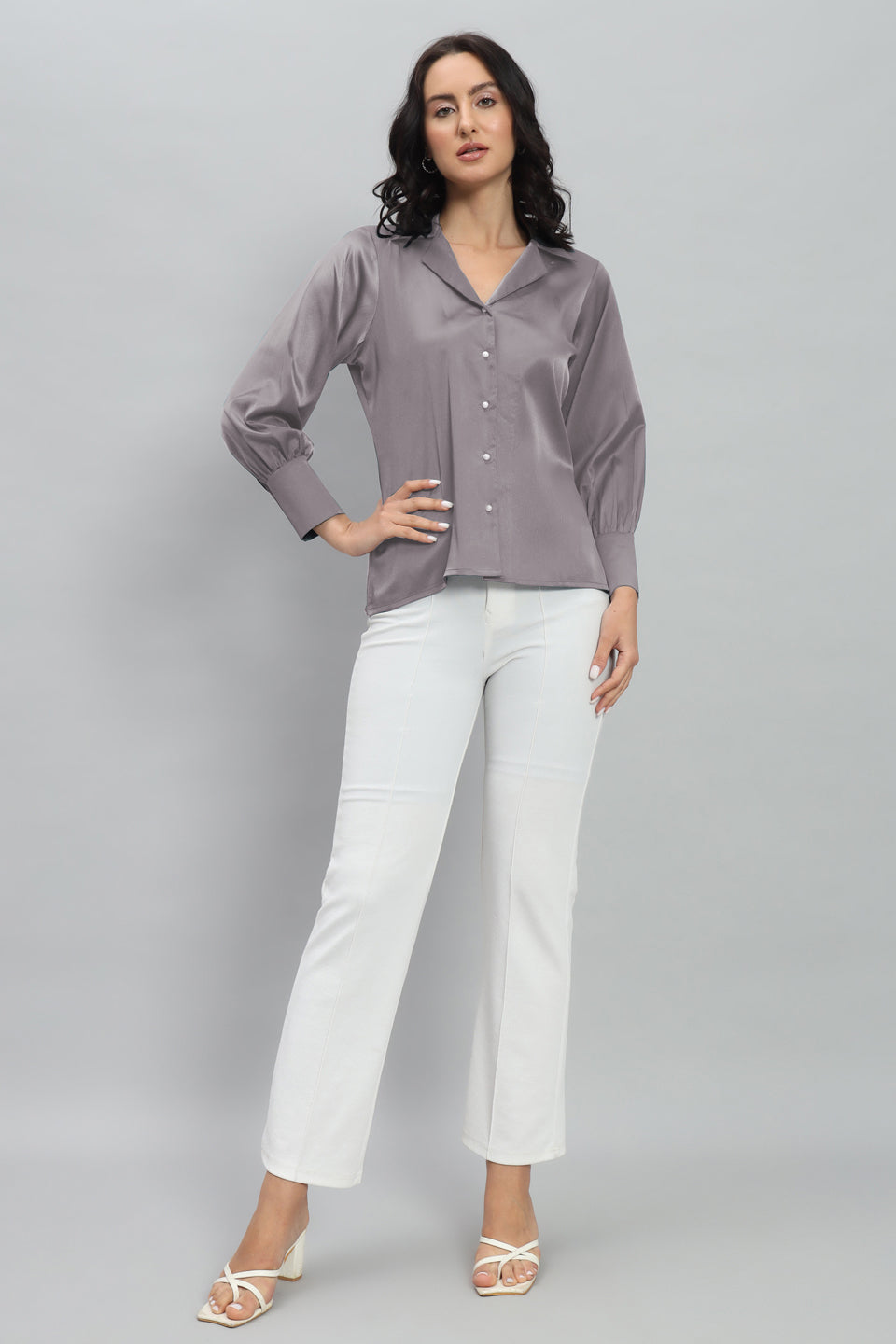 Womens Notched Designer Satin Solid Grey Shirt