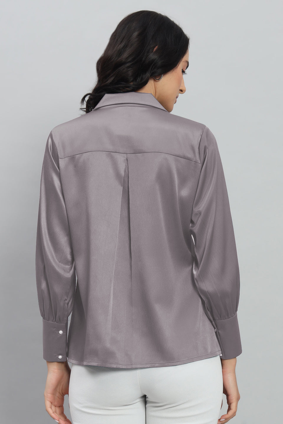Womens Notched Designer Satin Solid Grey Shirt