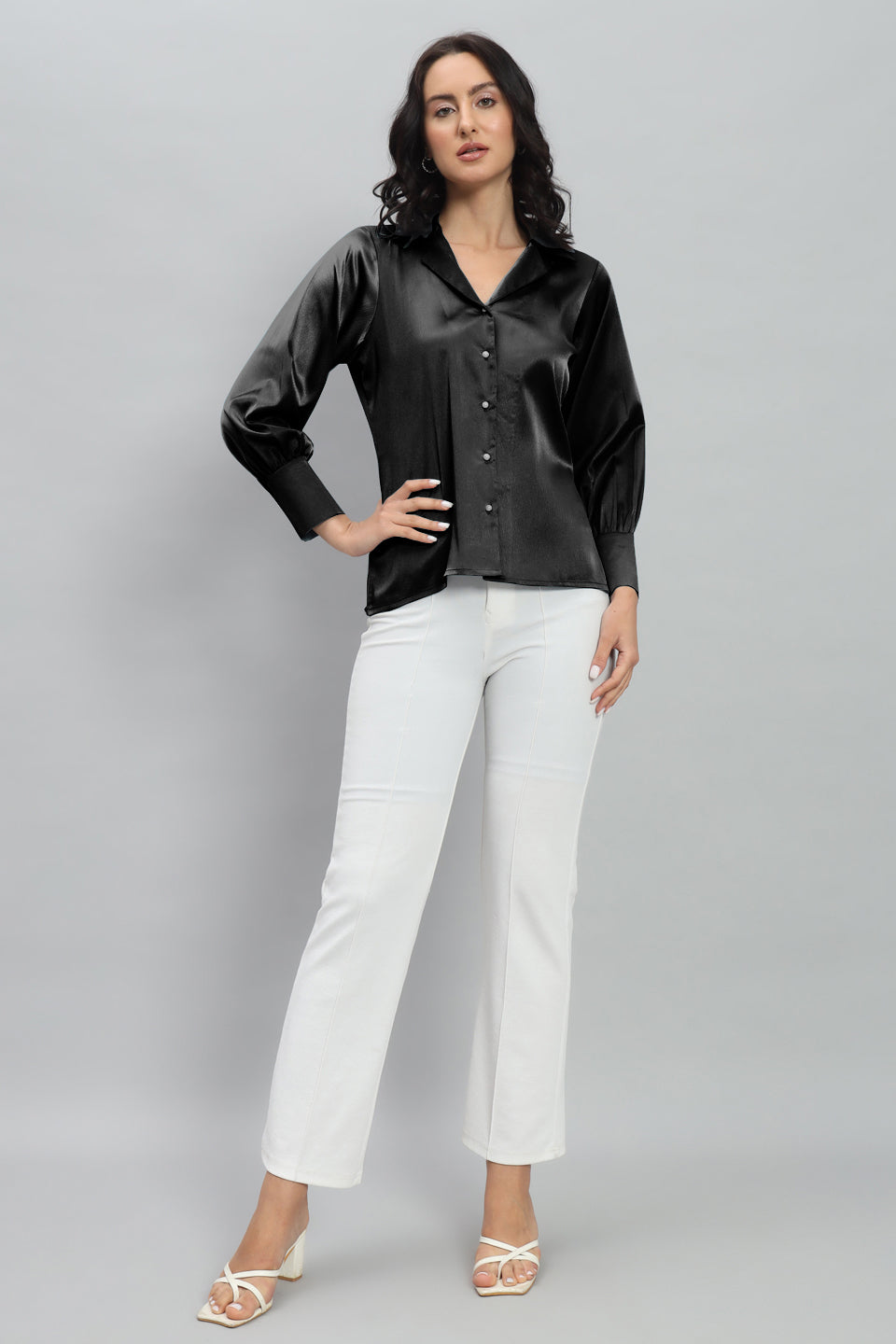 Womens Notched Designer Satin Solid Black Shirt