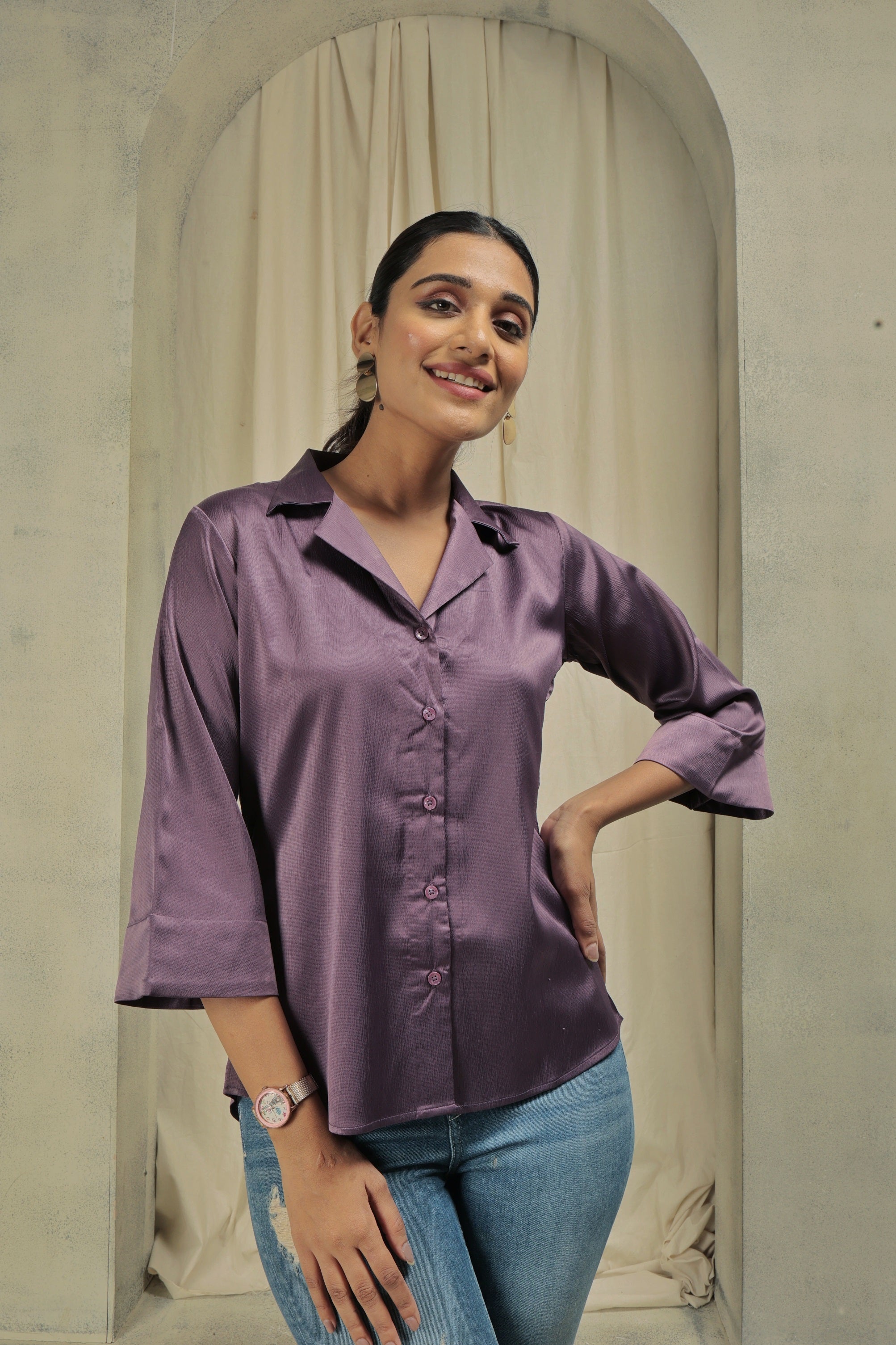 Notched Designer Satin Shirt