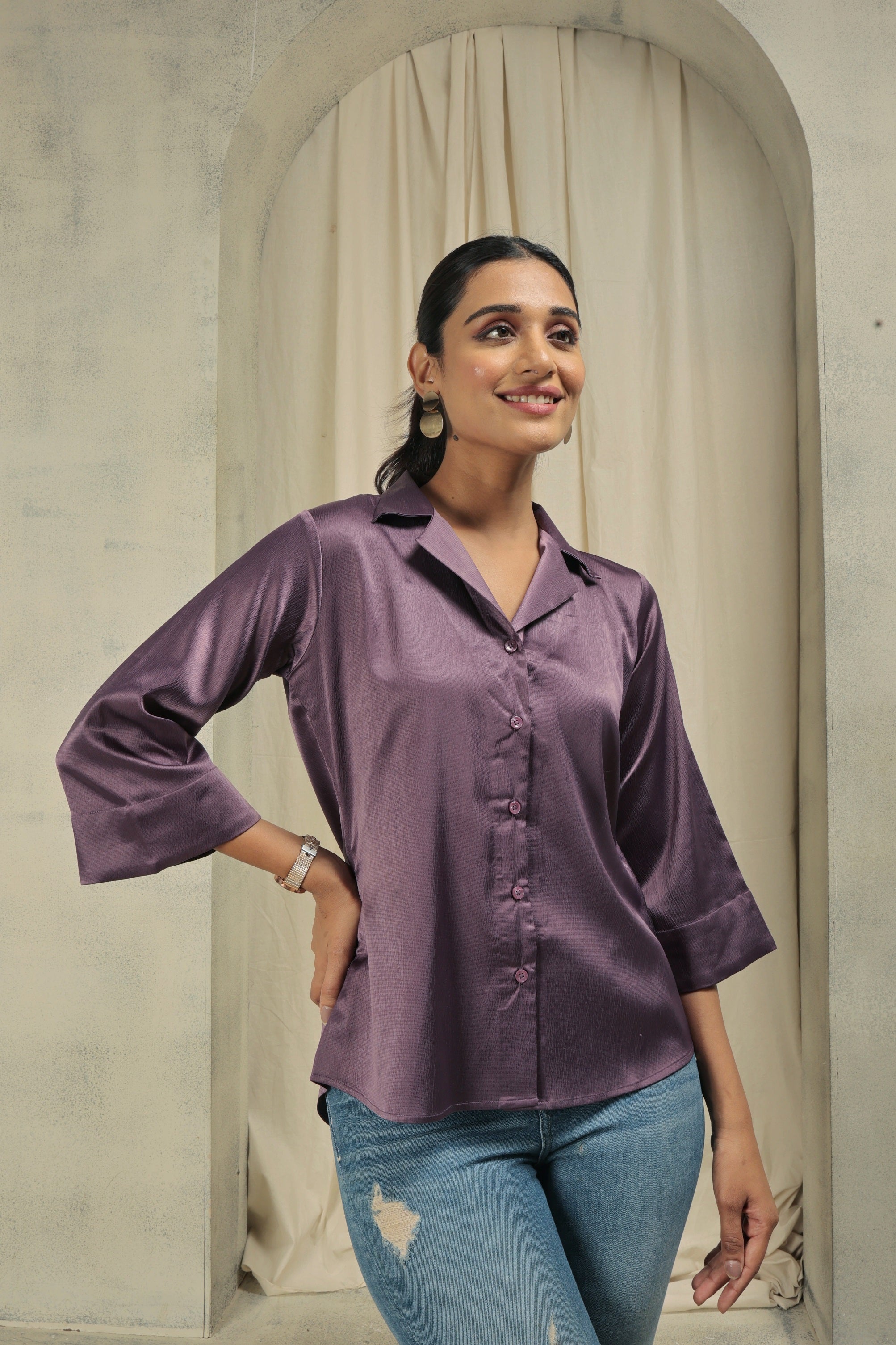 Notched Designer Satin Shirt