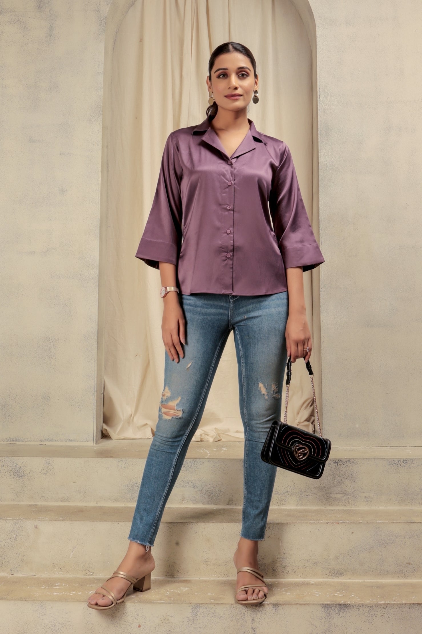 Notched Designer Satin Shirt