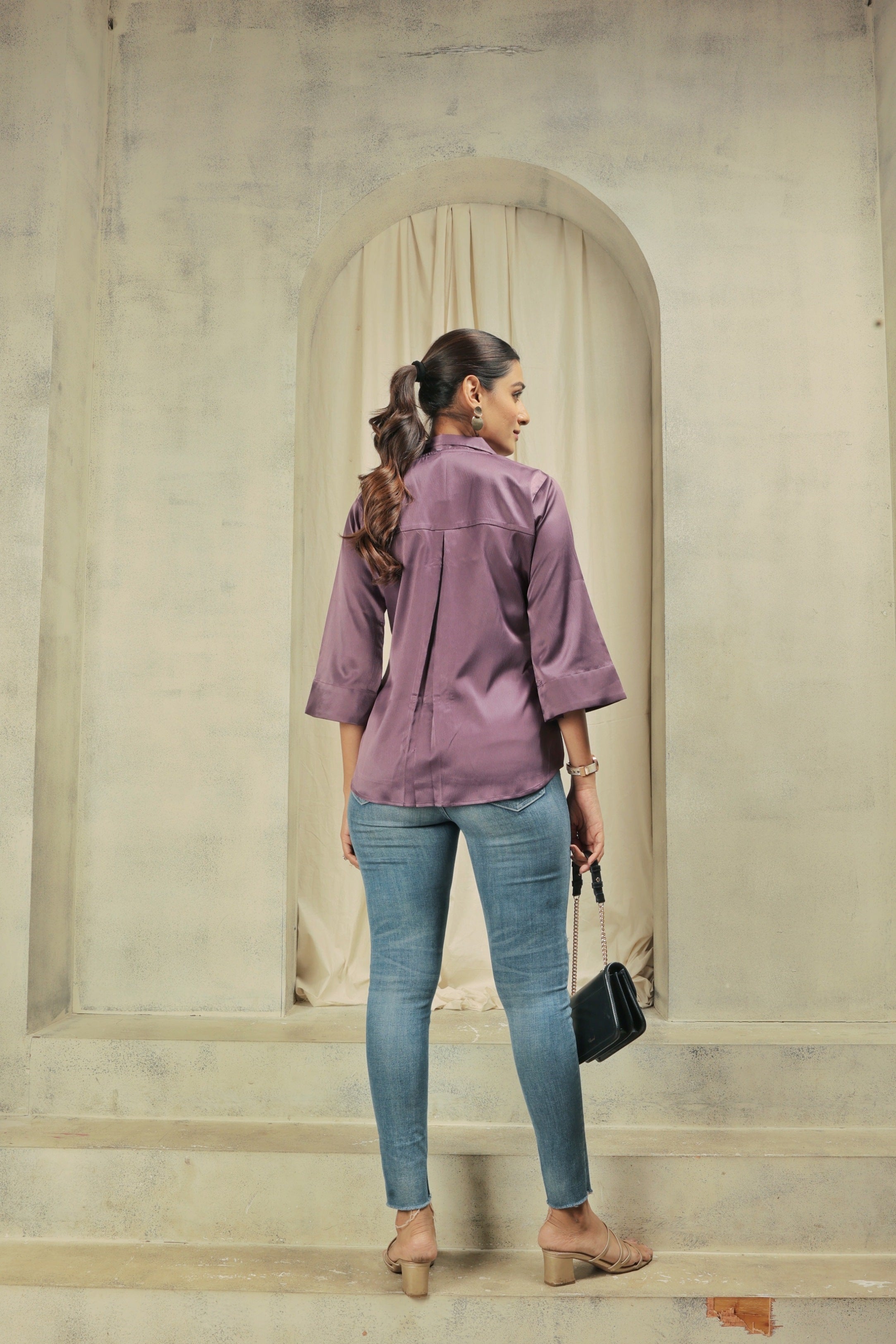 Notched Designer Satin Shirt