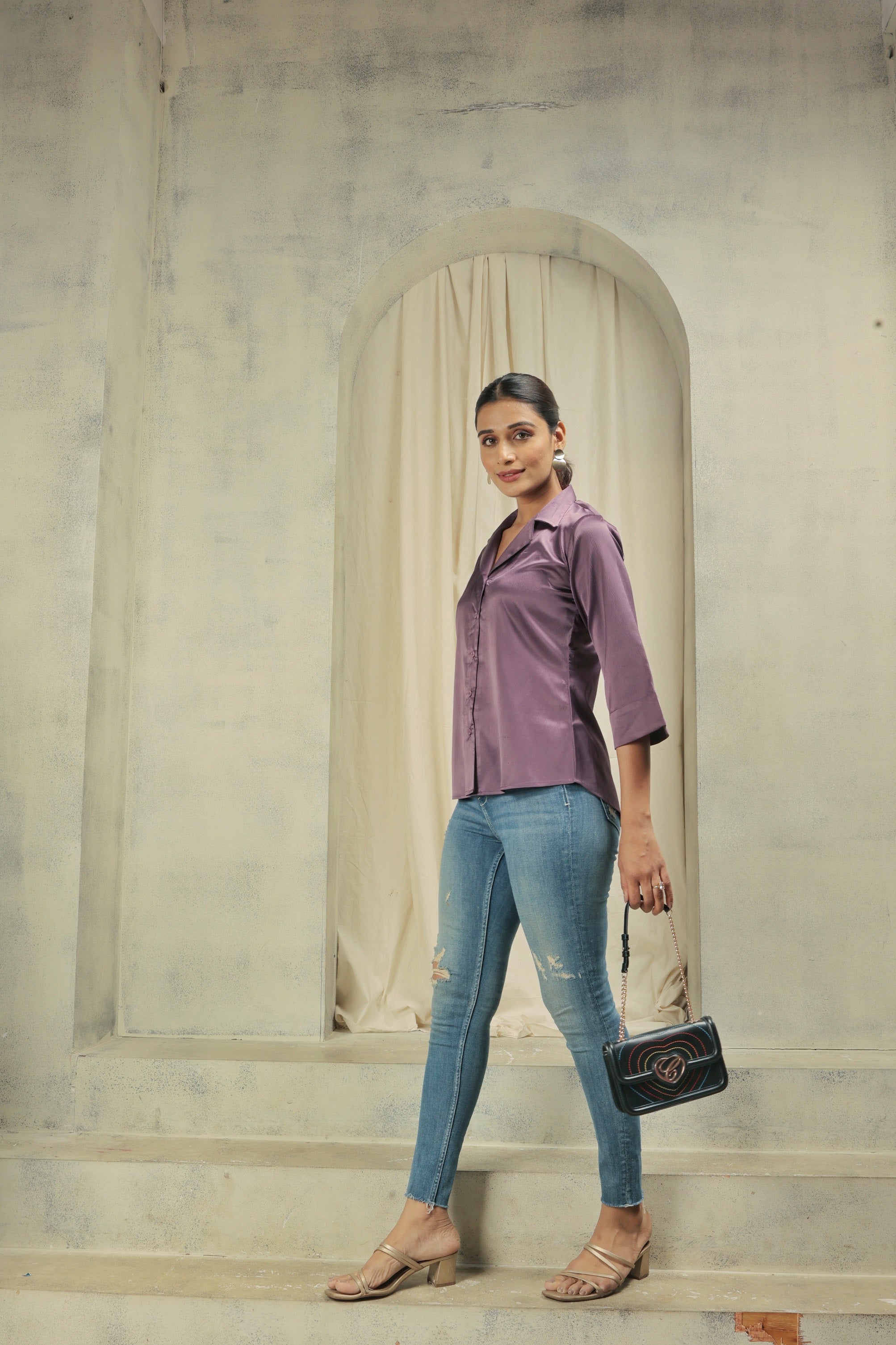 Notched Designer Satin Shirt