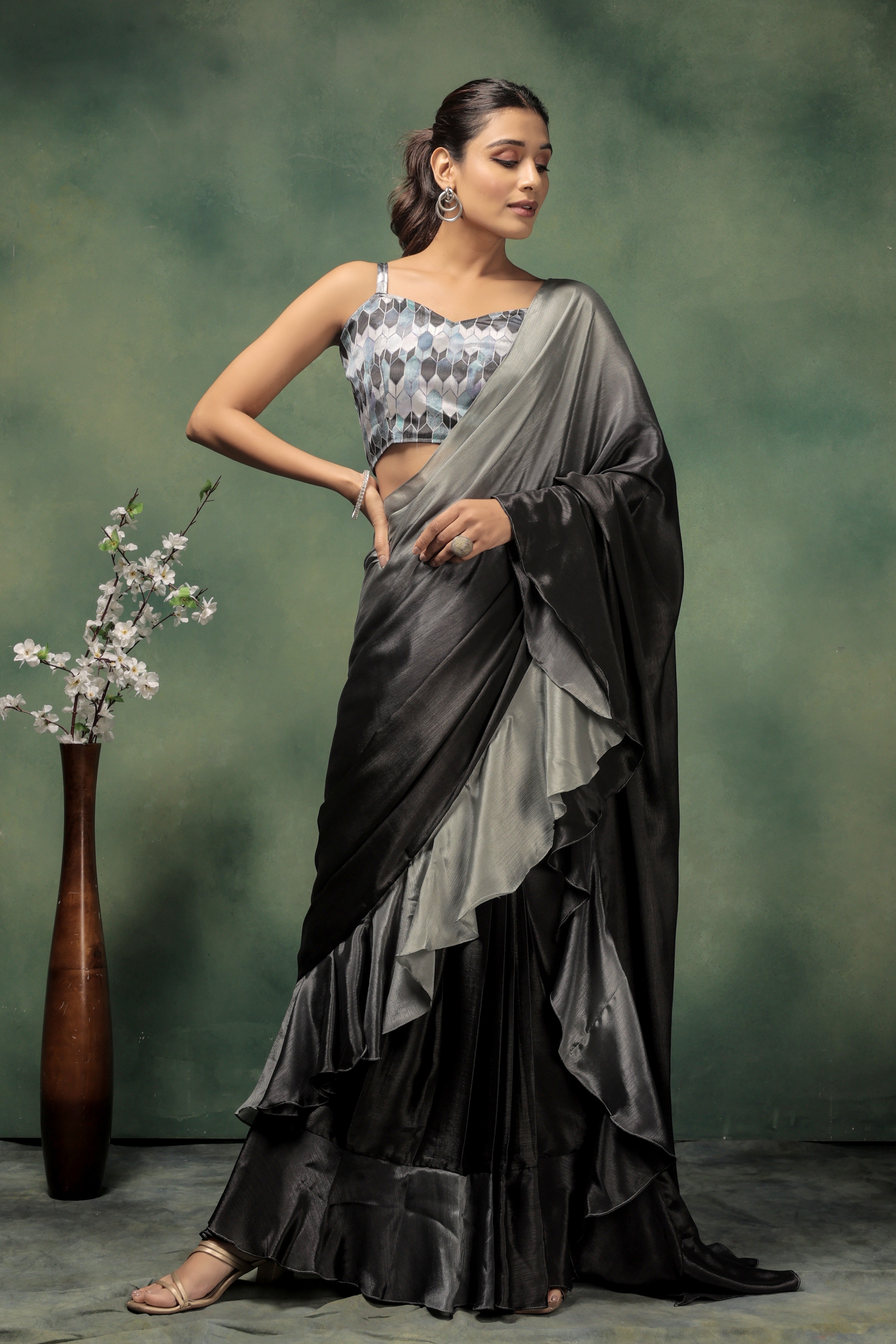 Ombre Prestitched Frill Work Ready To Wear Saree