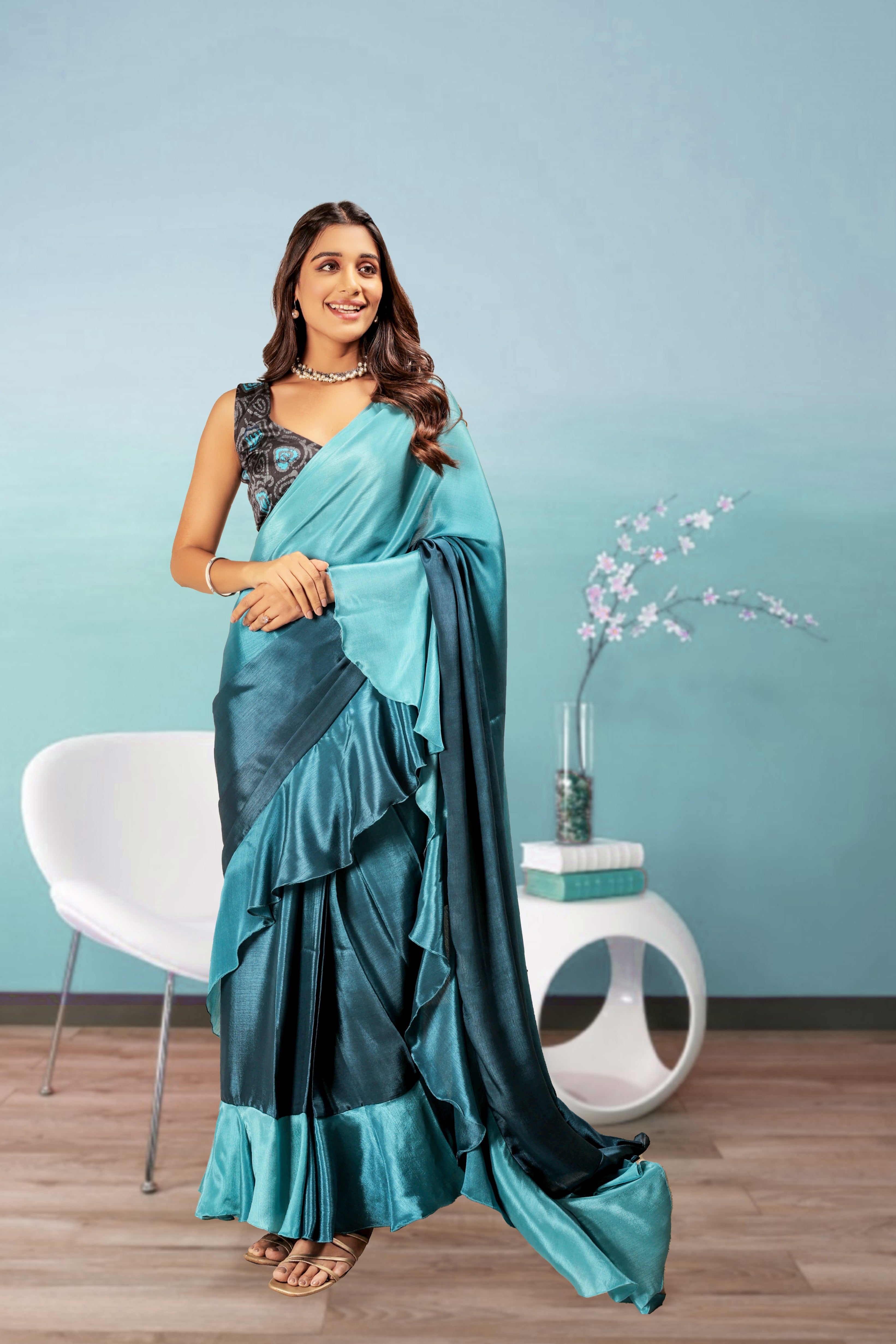 Ombre Prestitched Frill Work Ready To Wear Saree