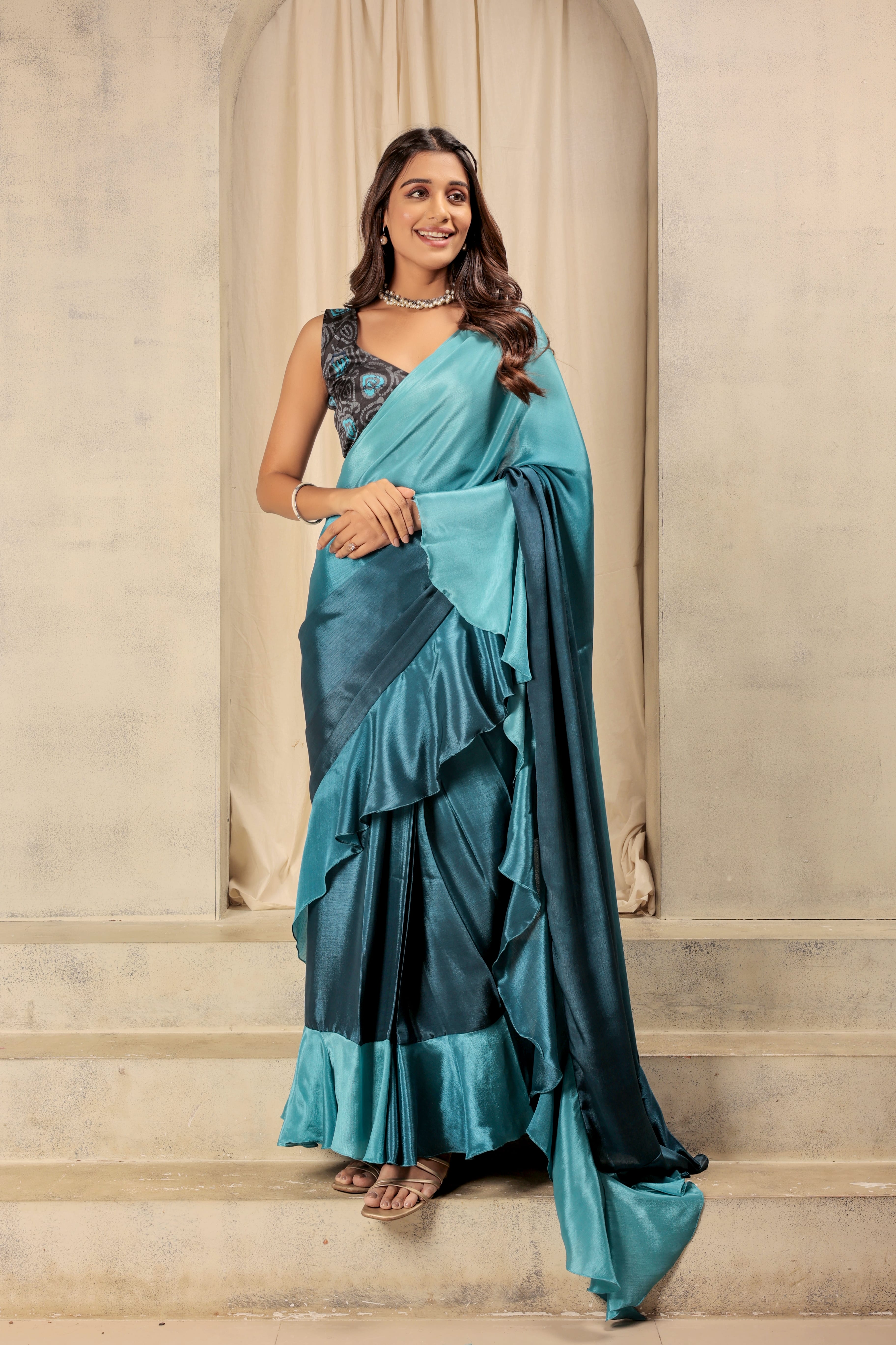 Ombre Prestitched Frill Work Ready To Wear Saree