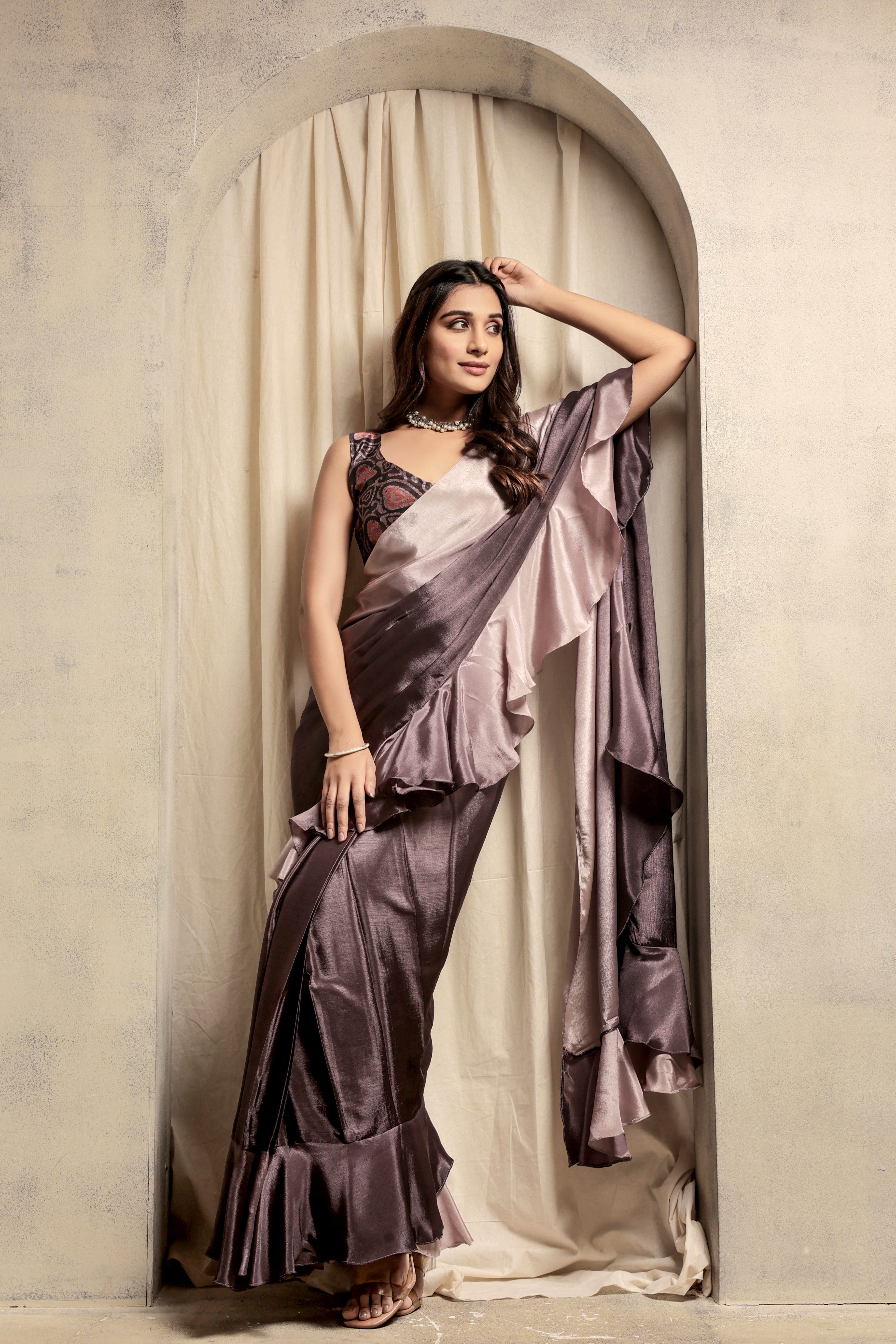 Ombre Prestitched Frill Work Ready To Wear Saree