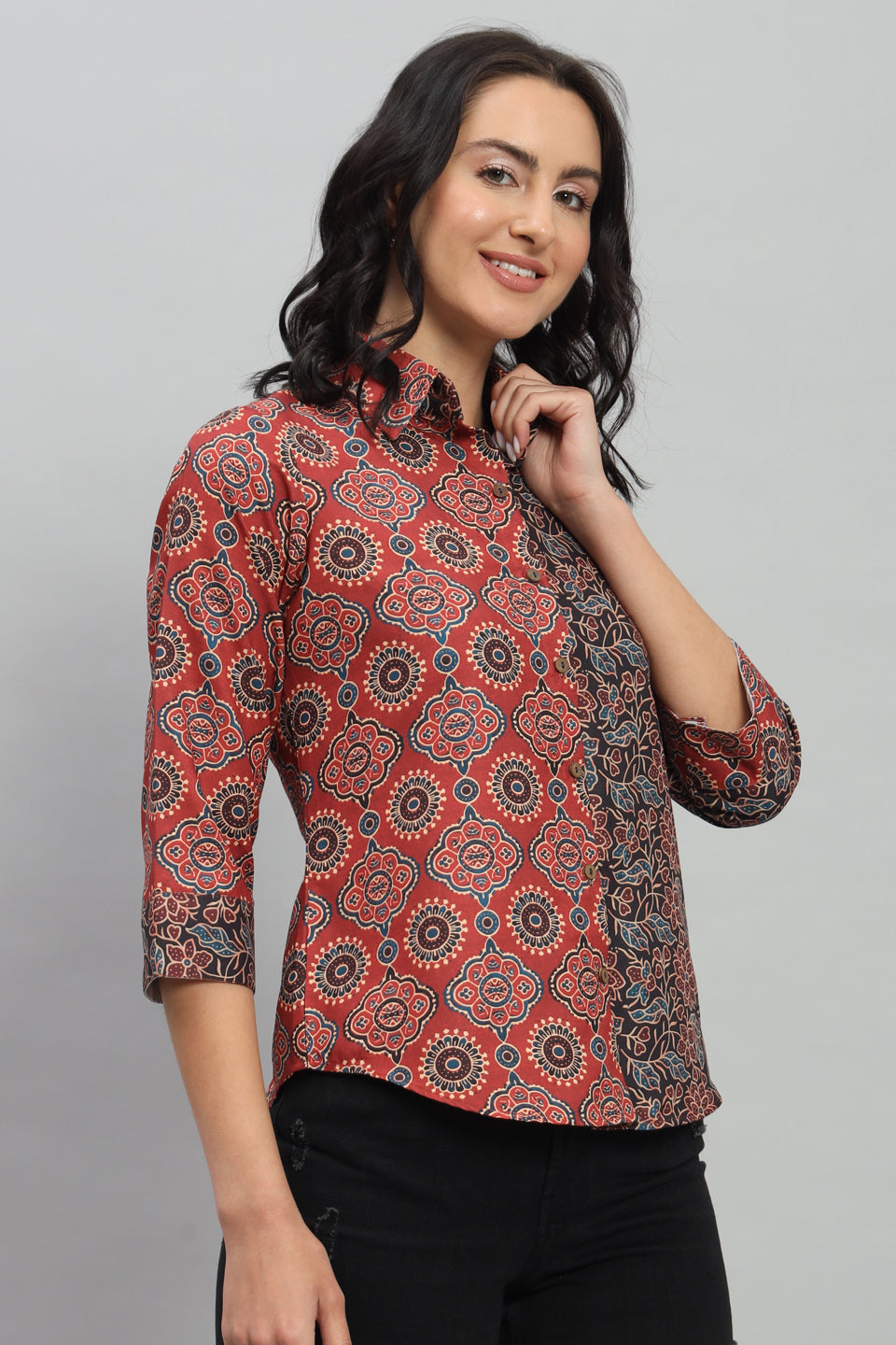 Kalamkari Design Rayon Cotton Red Shirt