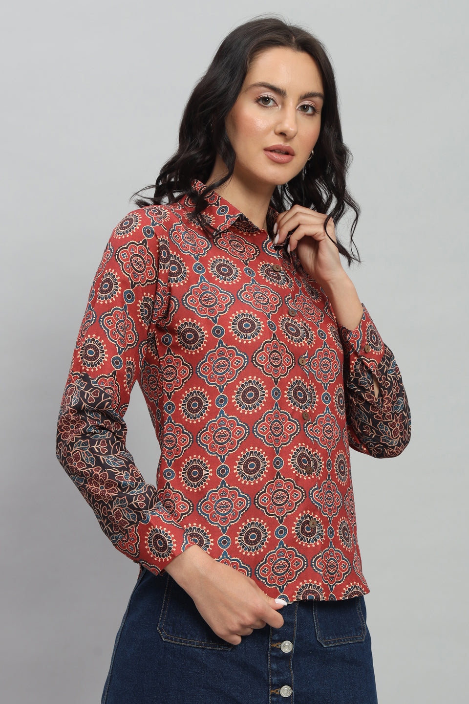 Kalamkari Design Rayon Cotton Red Shirt