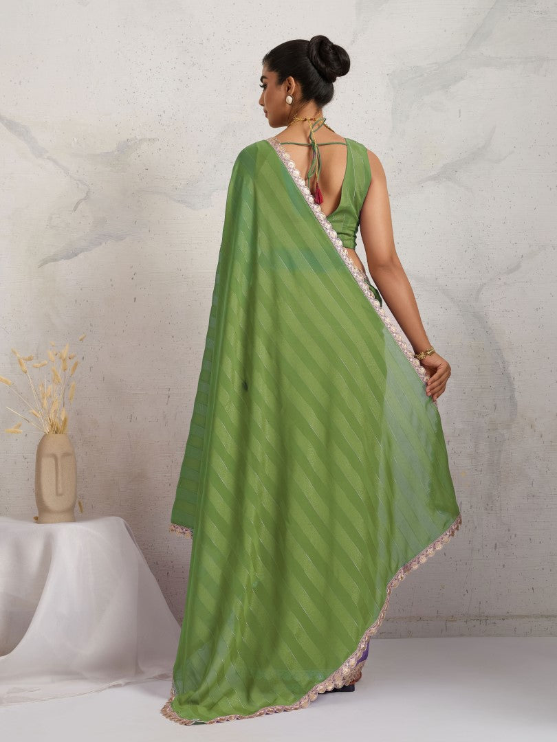 Green Woven Design Striped Pure Georgette Saree