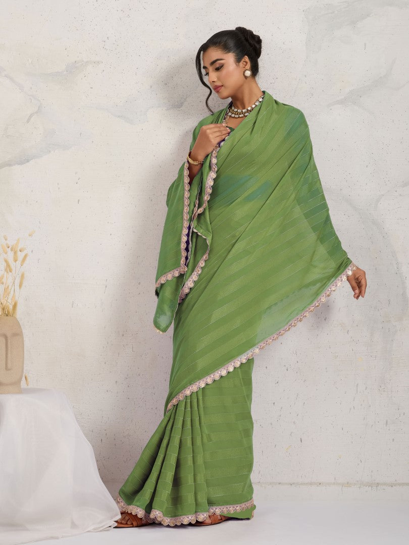 Green Woven Design Striped Pure Georgette Saree