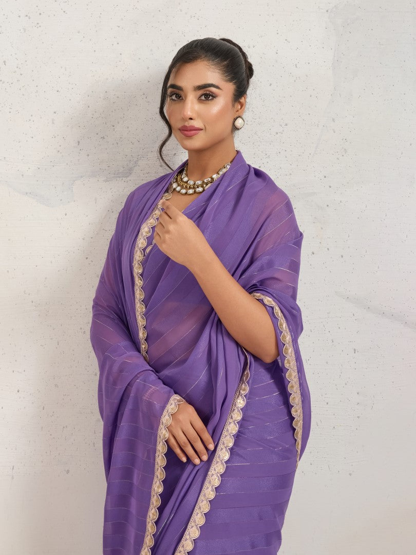Purple Striped Poly Georgette Saree with Embellished Border