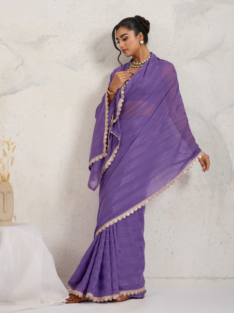 Purple Striped Poly Georgette Saree with Embellished Border