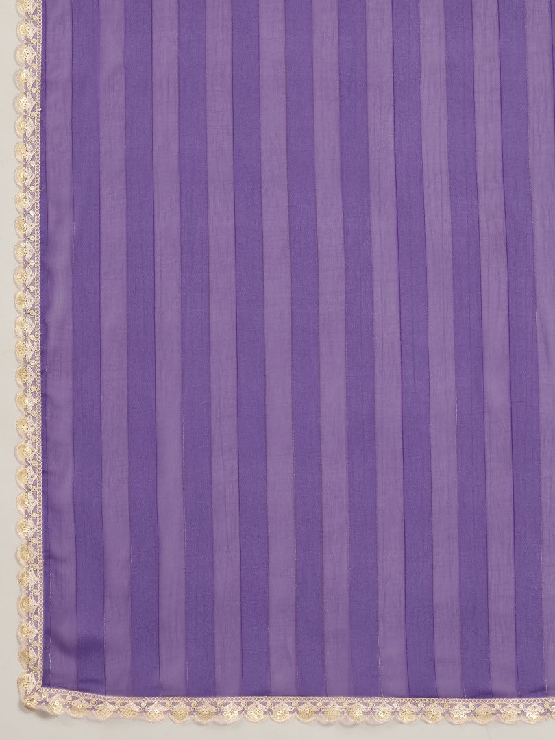 Purple Striped Poly Georgette Saree with Embellished Border