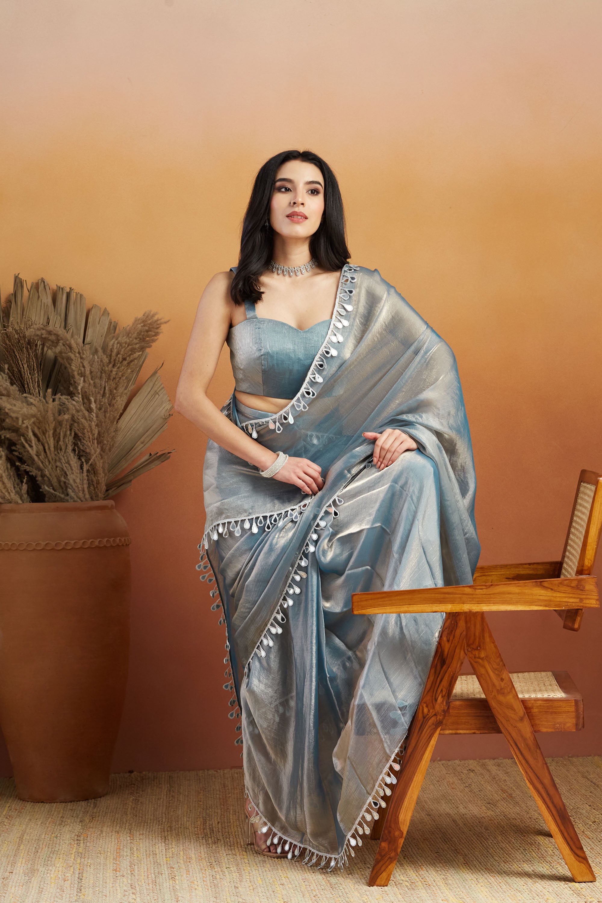 Ari Mirror Work Shiney Silver Chiffon Saree