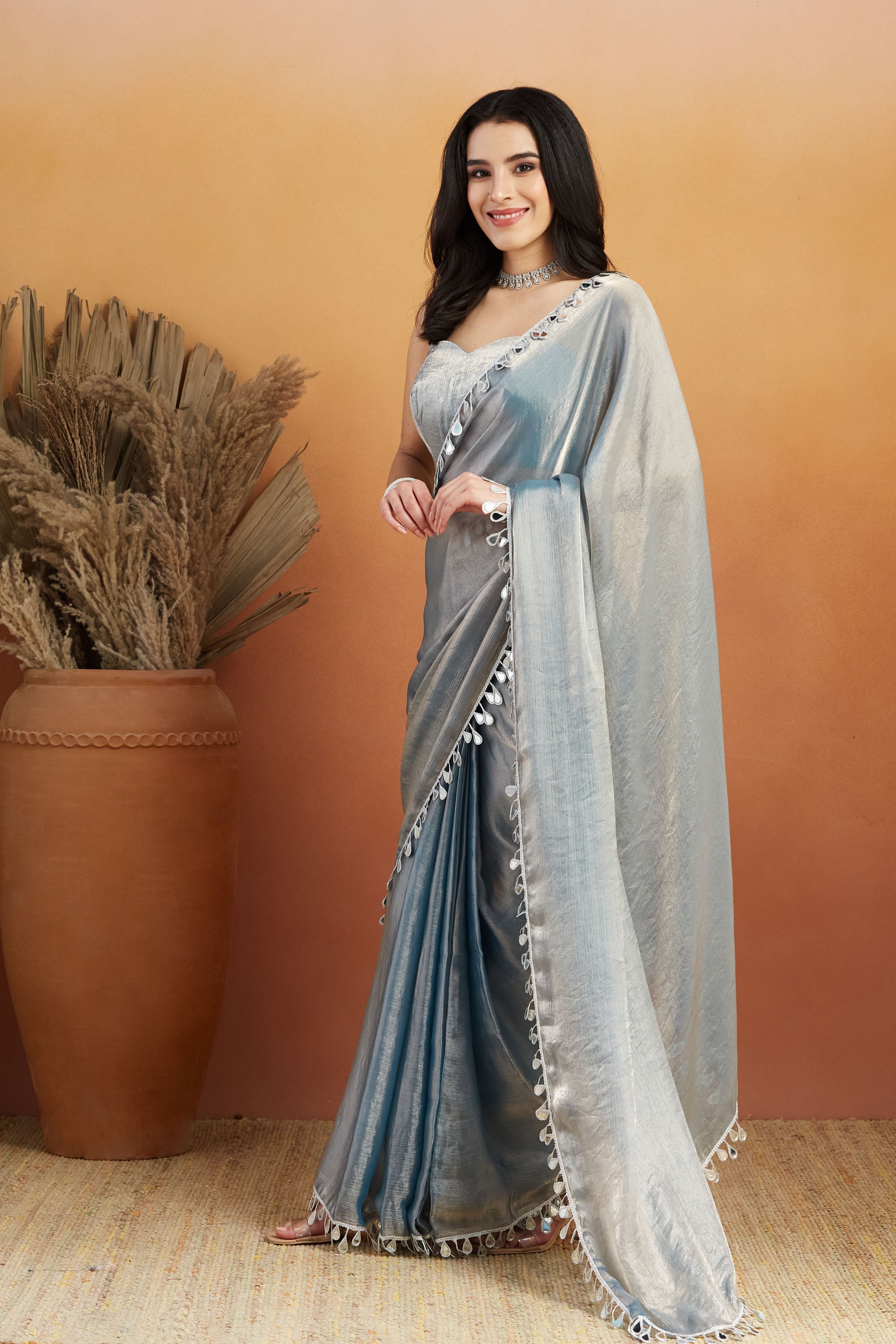 Ari Mirror Work Shiney Silver Chiffon Saree