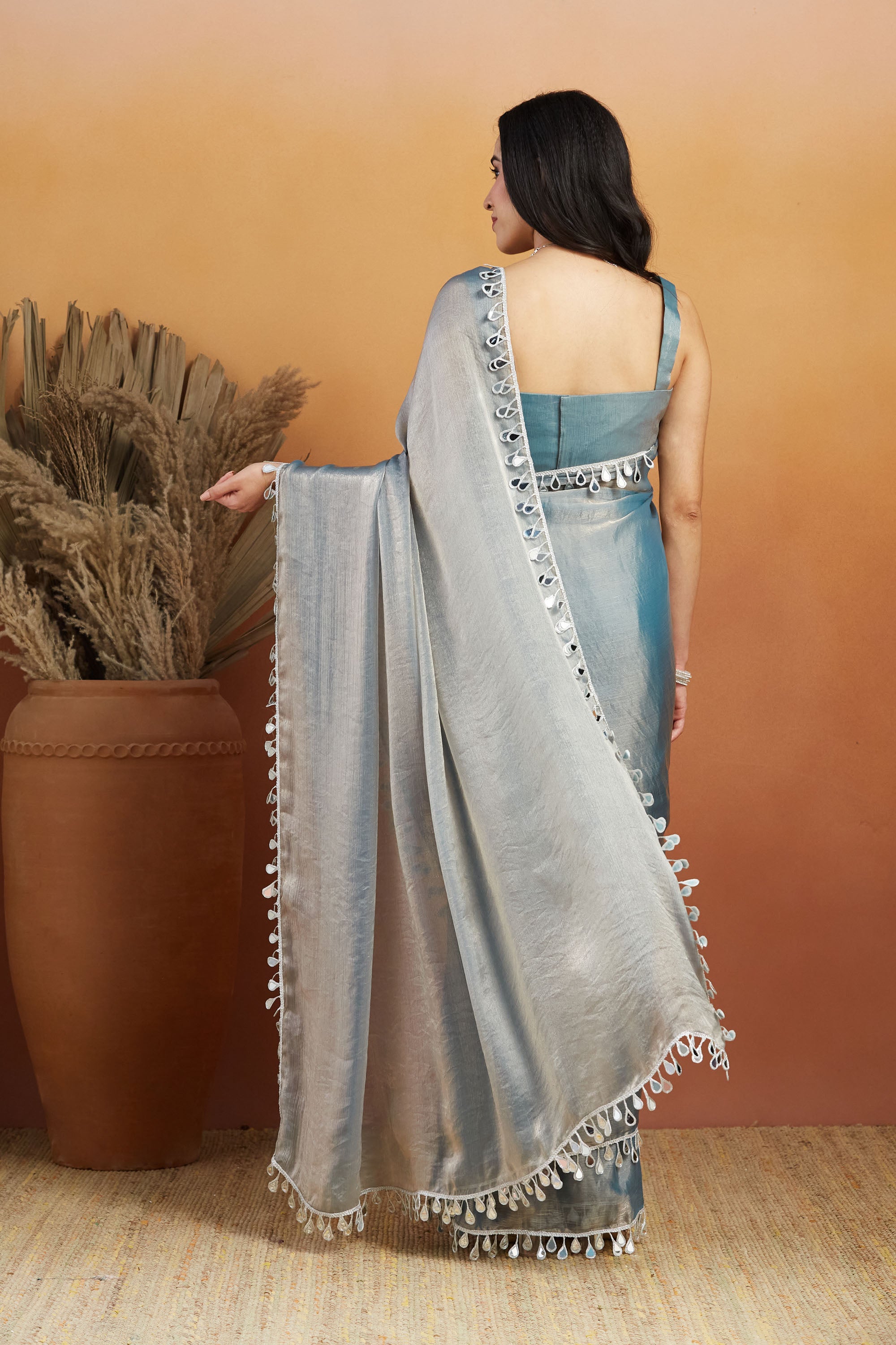 Ari Mirror Work Shiney Silver Chiffon Saree