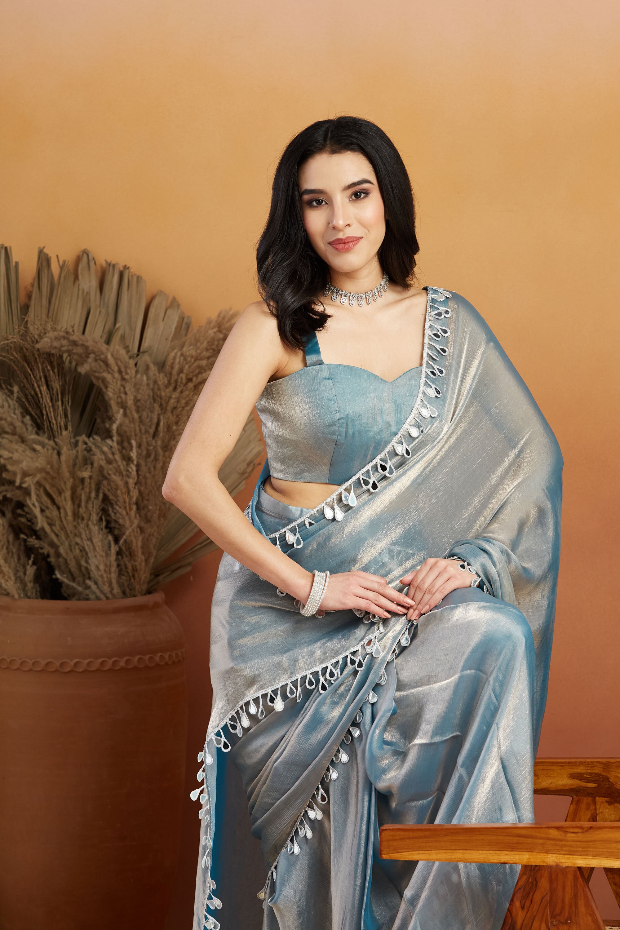 Ari Mirror Work Shiney Silver Chiffon Saree