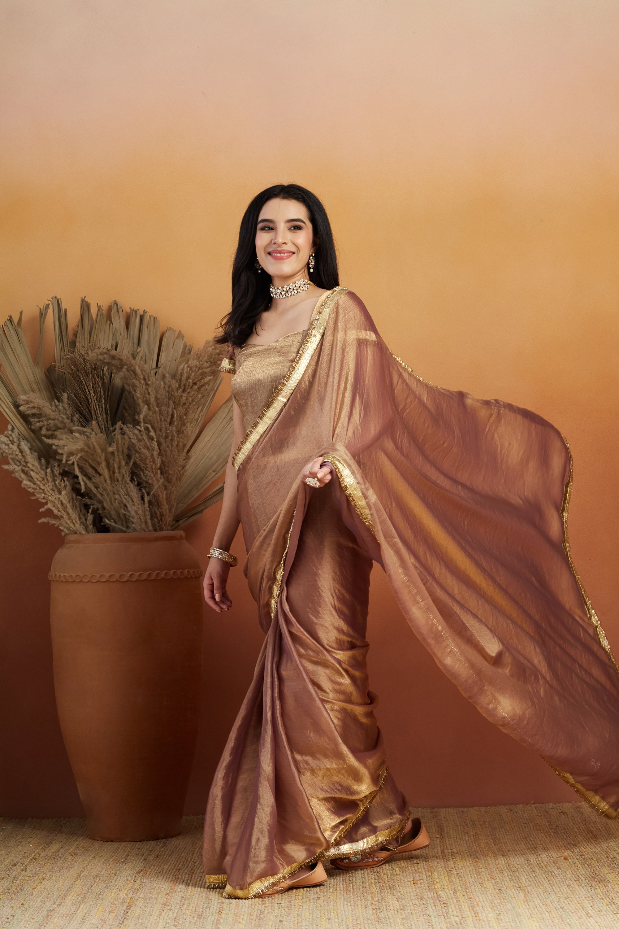 Ari Mirror Work Shiney Silver Chiffon Saree