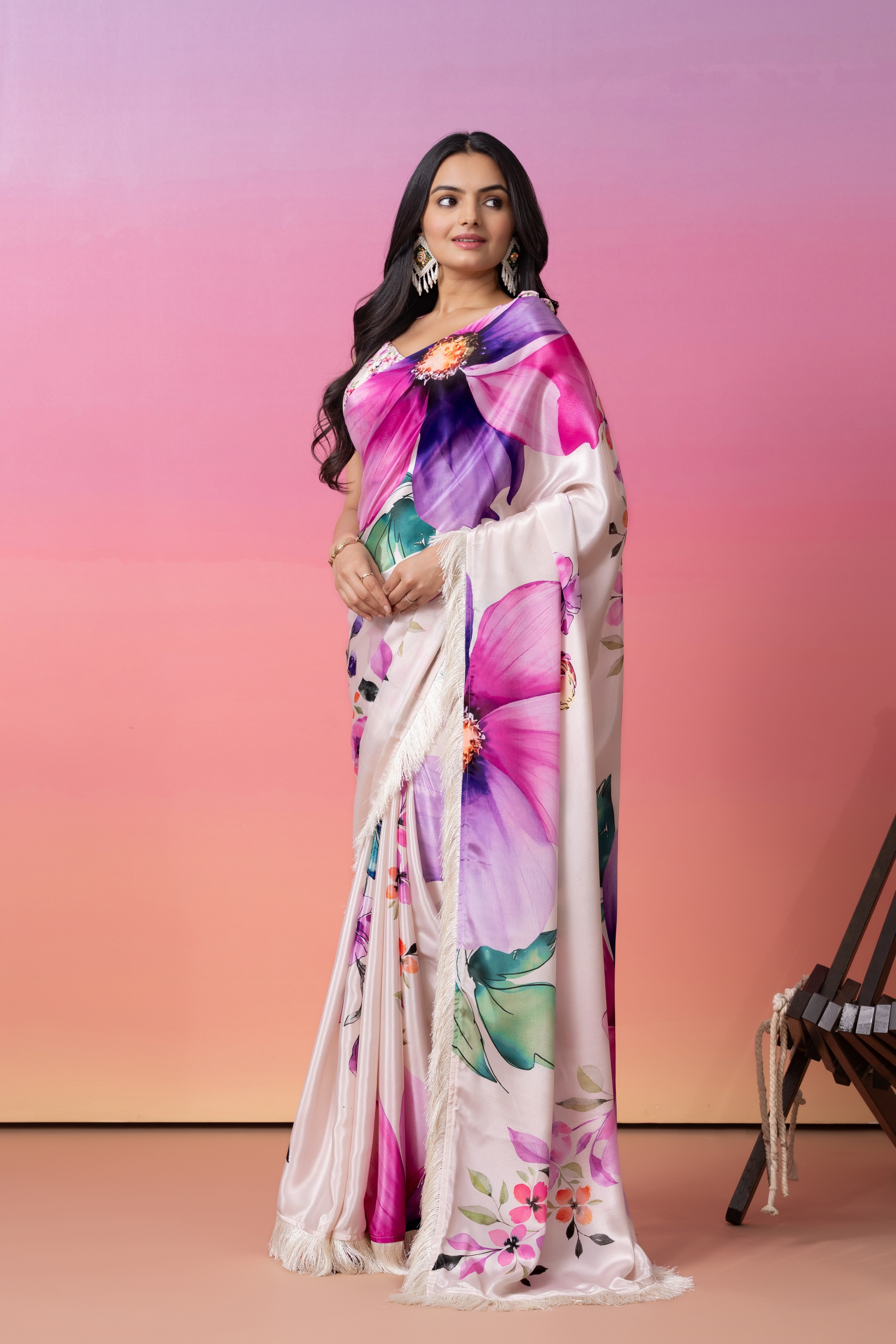 Cream Art Silk Floral Printed Ready to Wear Saree