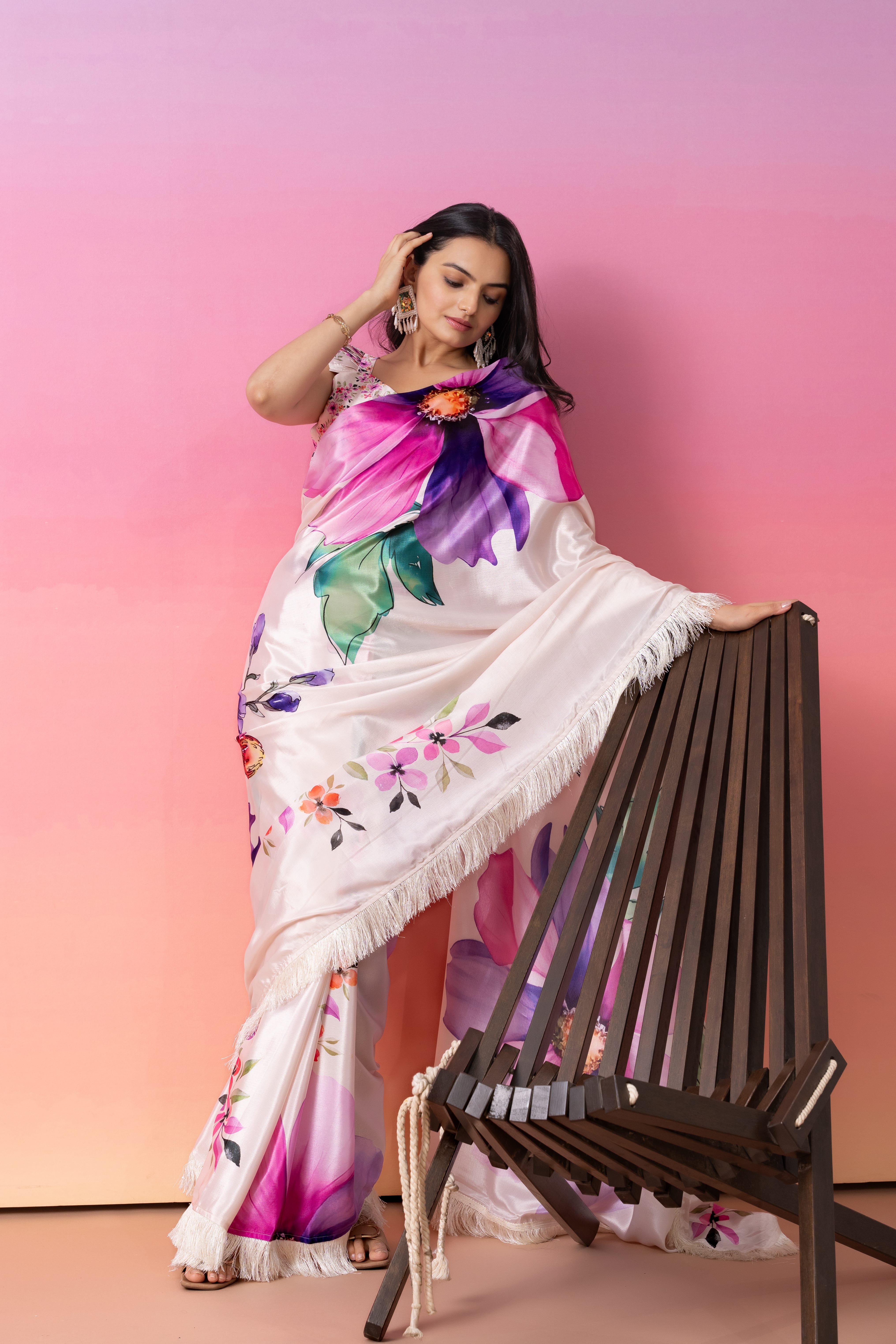 Cream Art Silk Floral Printed Ready to Wear Saree