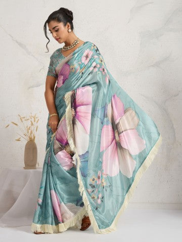 Blue Floral Printed Cotton Blend Party Wear Saree