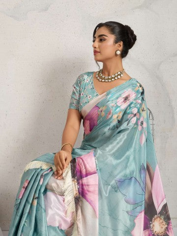 Blue Floral Printed Cotton Blend Party Wear Saree