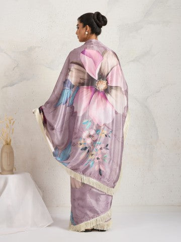 Purple & Blue Floral Printed Satin Party Wear Saree