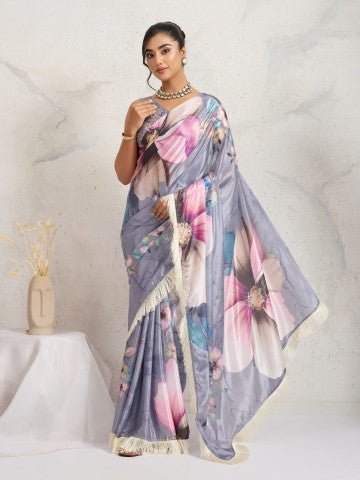 Grey Color Floral Printed Satin Party Wear Saree