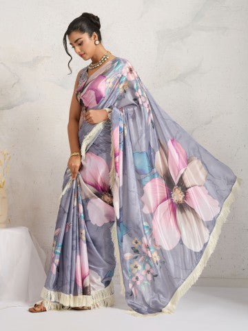 Grey Color Floral Printed Satin Party Wear Saree