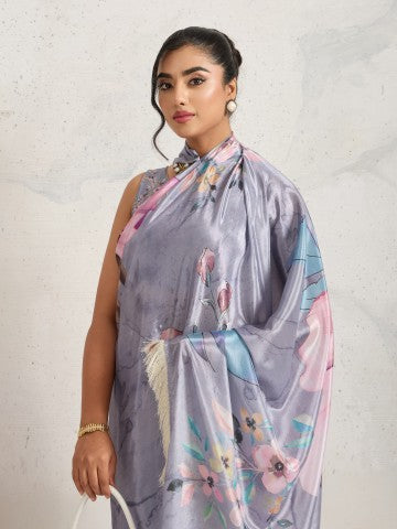 Grey Color Floral Printed Satin Party Wear Saree