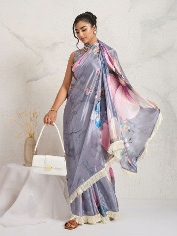 Grey Color Floral Printed Satin Party Wear Saree